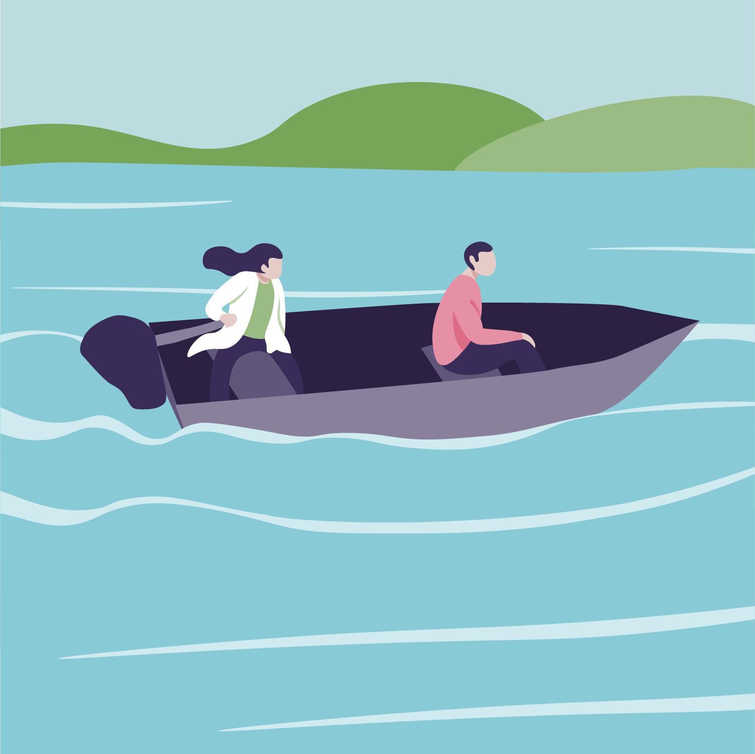 Illustration of two people in a small boat on a body of water with green hills in the background.