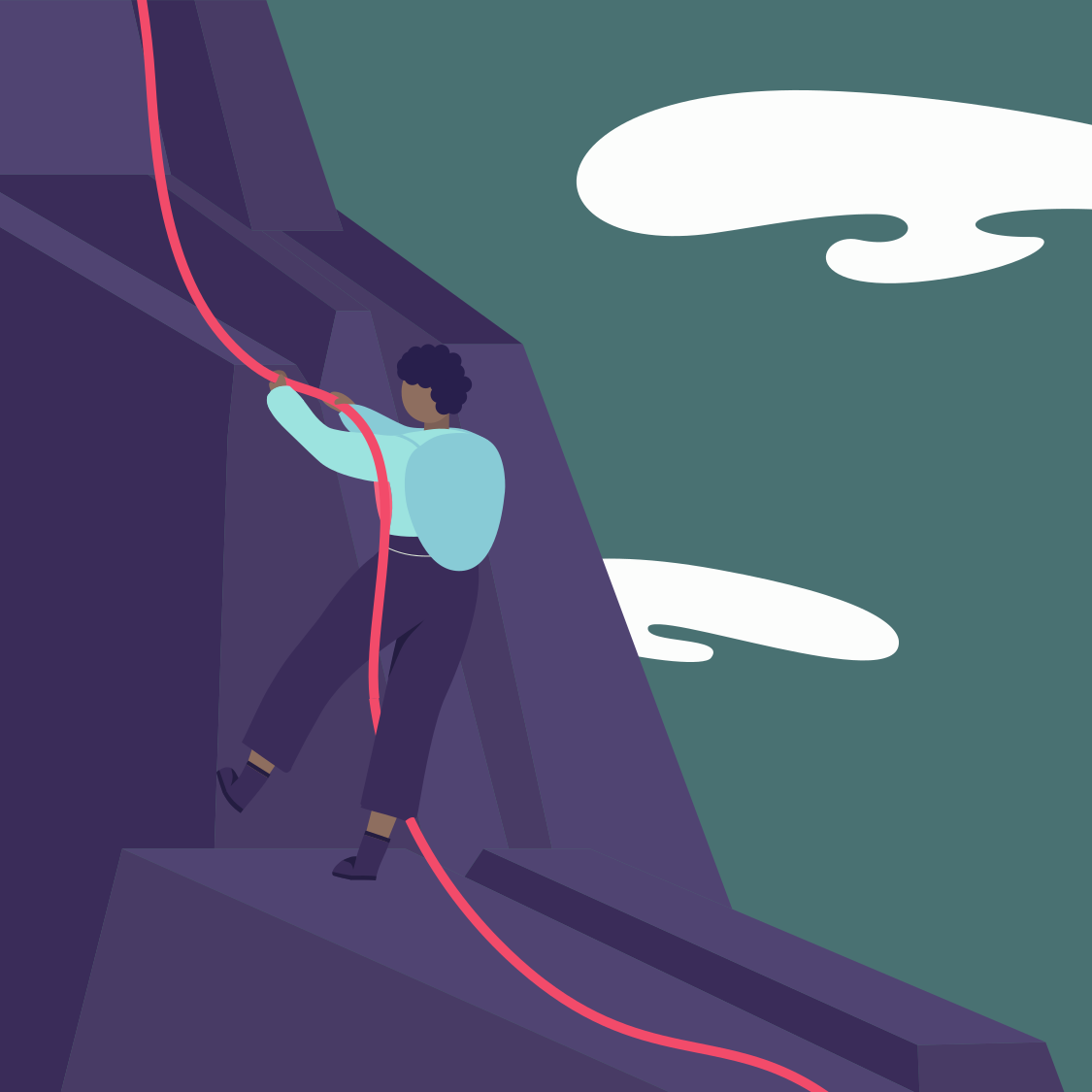 Person climbing a mountain or rock face using a red climbing rope, with cloudy sky in the background.