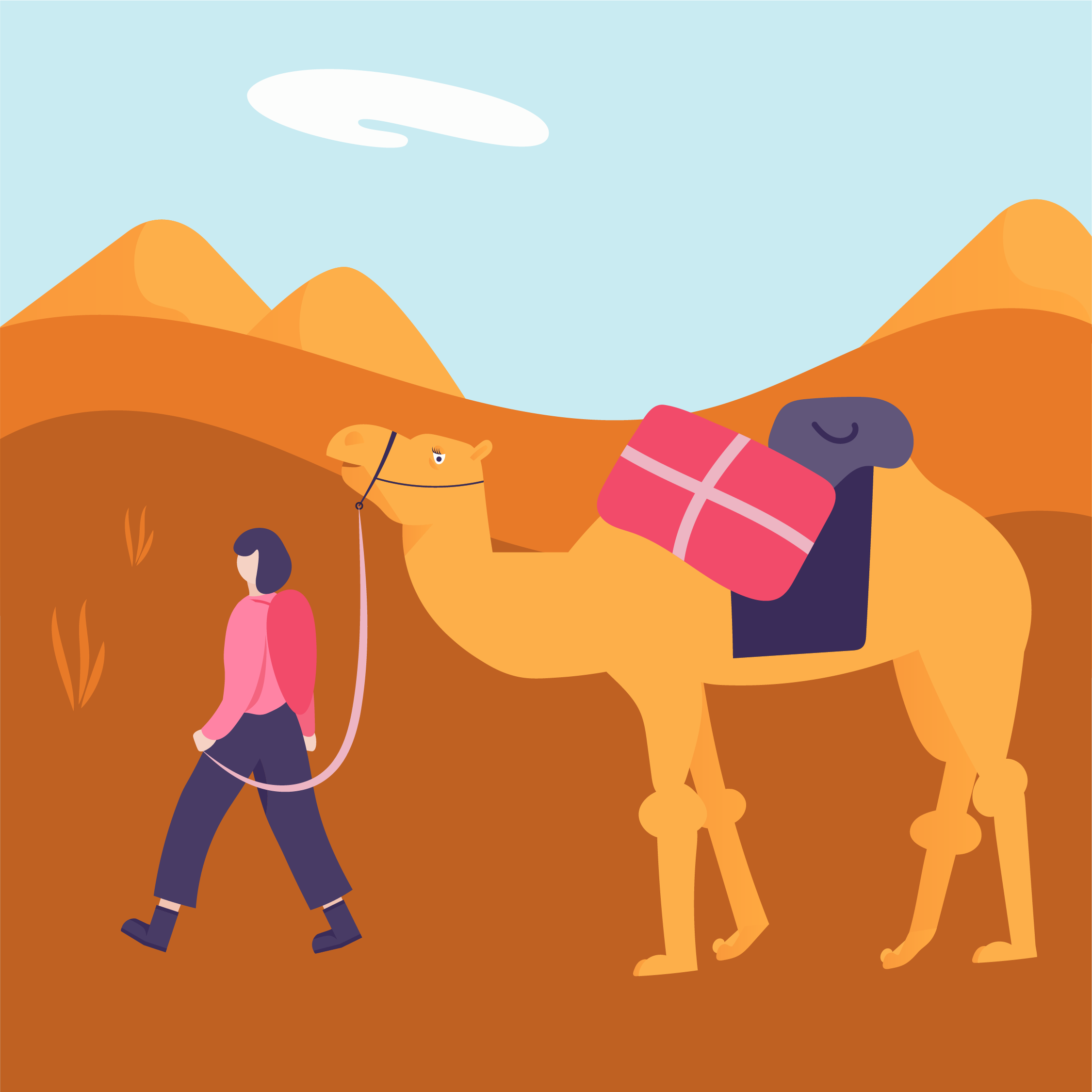 A cartoon scene with two people walking in a desert landscape with mountains and a cloudy sky, accompanied by a camel carrying a pink and purple backpack.