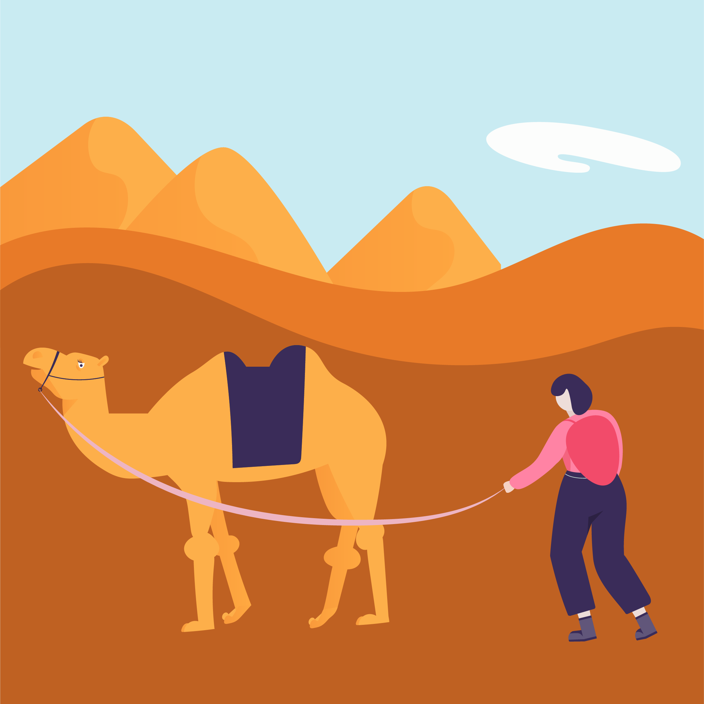 A digital illustration of a young girl walking three dogs in a desert landscape with orange mountains and a blue sky with a white cloud.