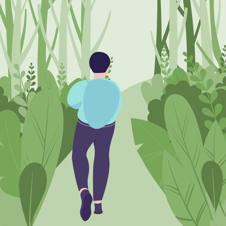 A person walking through a lush green forest trail surrounded by tall plants and trees under a light green sky.
