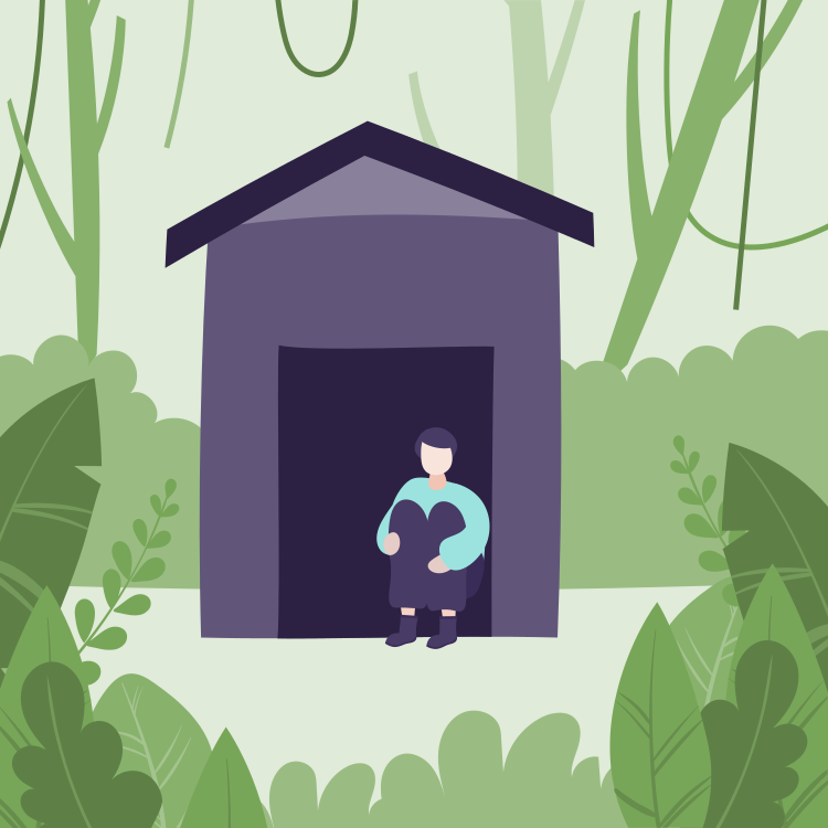 Illustration of a person sitting outside a small wooden shed in a lush, green forest with leafy plants and trees.