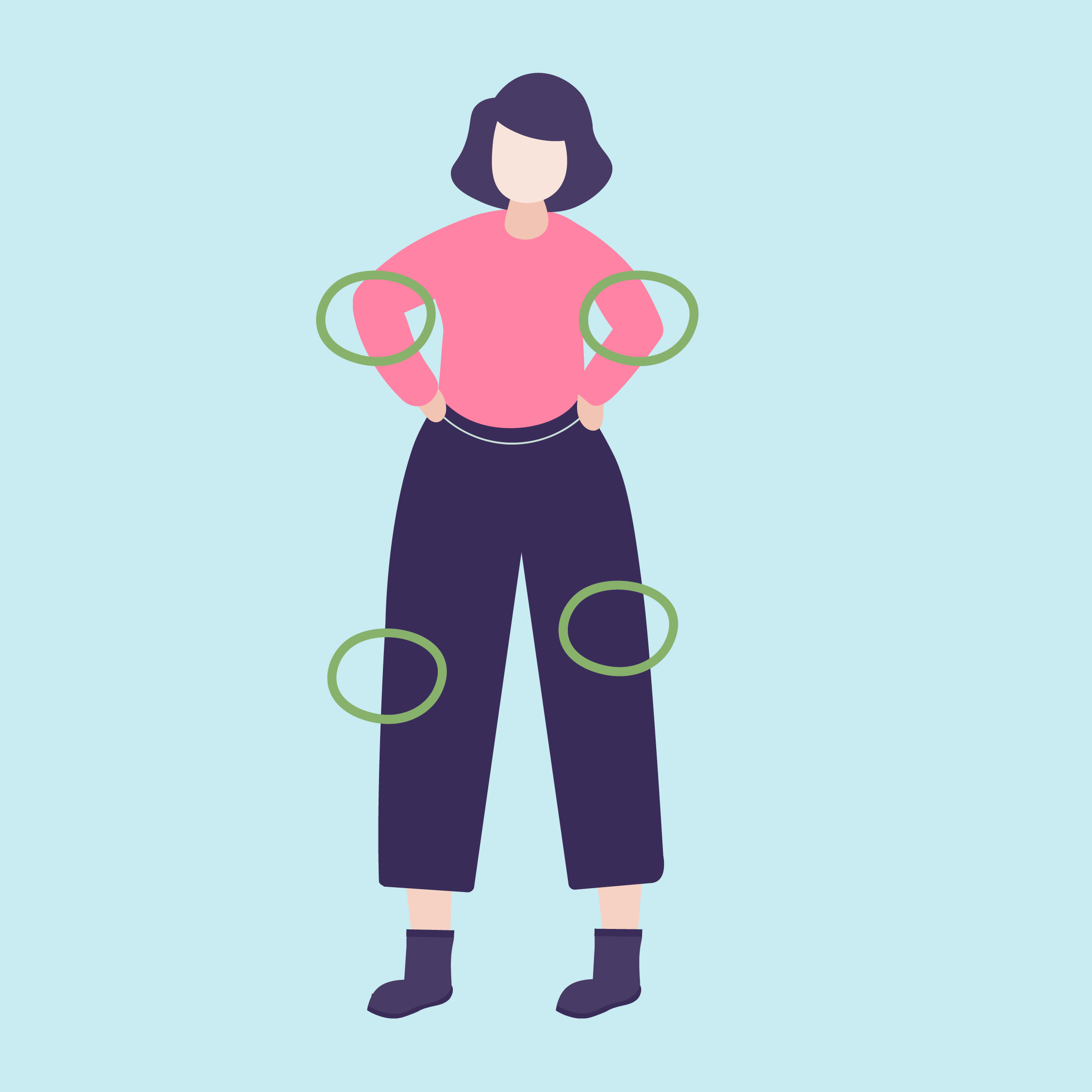 A person standing with hands on hips, wearing a pink long-sleeve shirt, dark wide-leg pants, black boots, and surrounded by green circles.