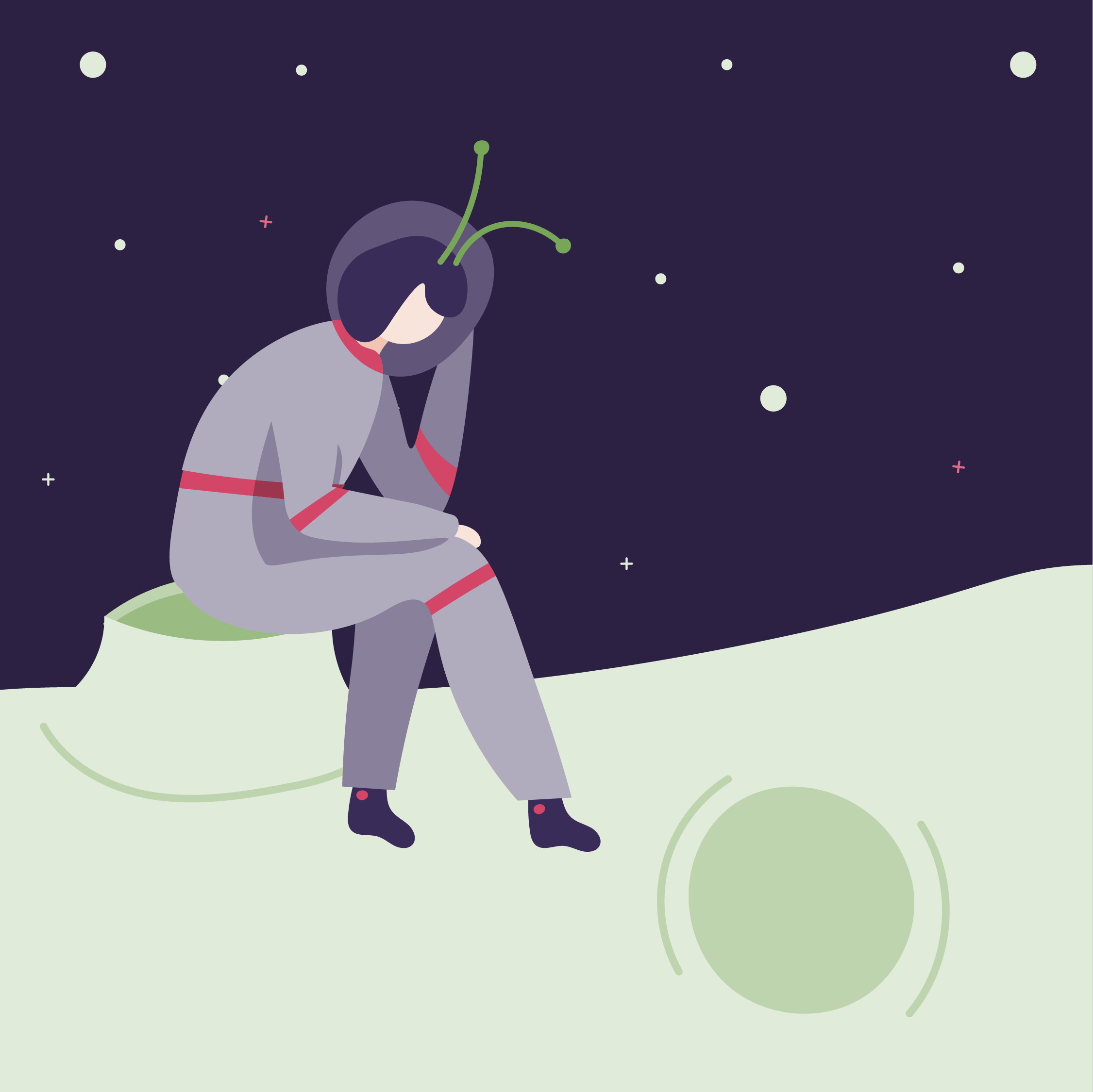 Digital illustration of a person sitting on the ground, gazing at the night sky with stars and a constellation depicted.