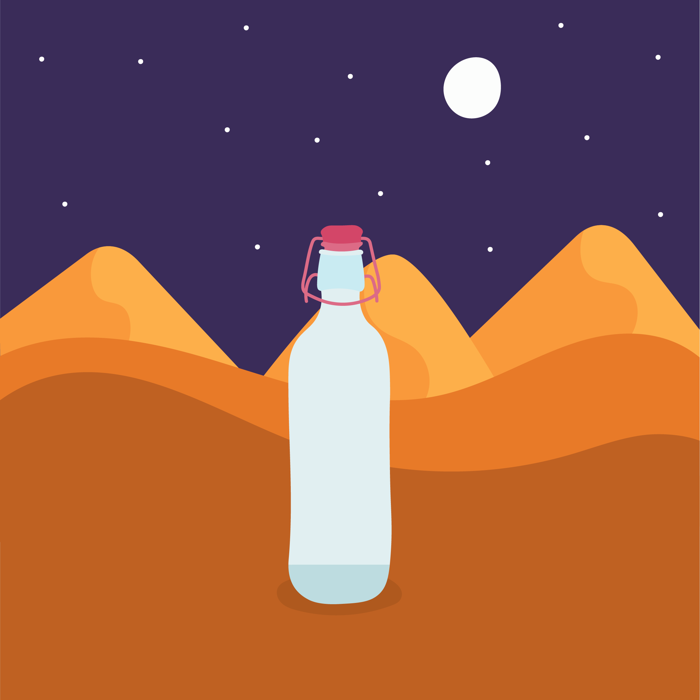 Digital illustration of a rocket ship on a Mars-like landscape under a starry night sky with a large moon.