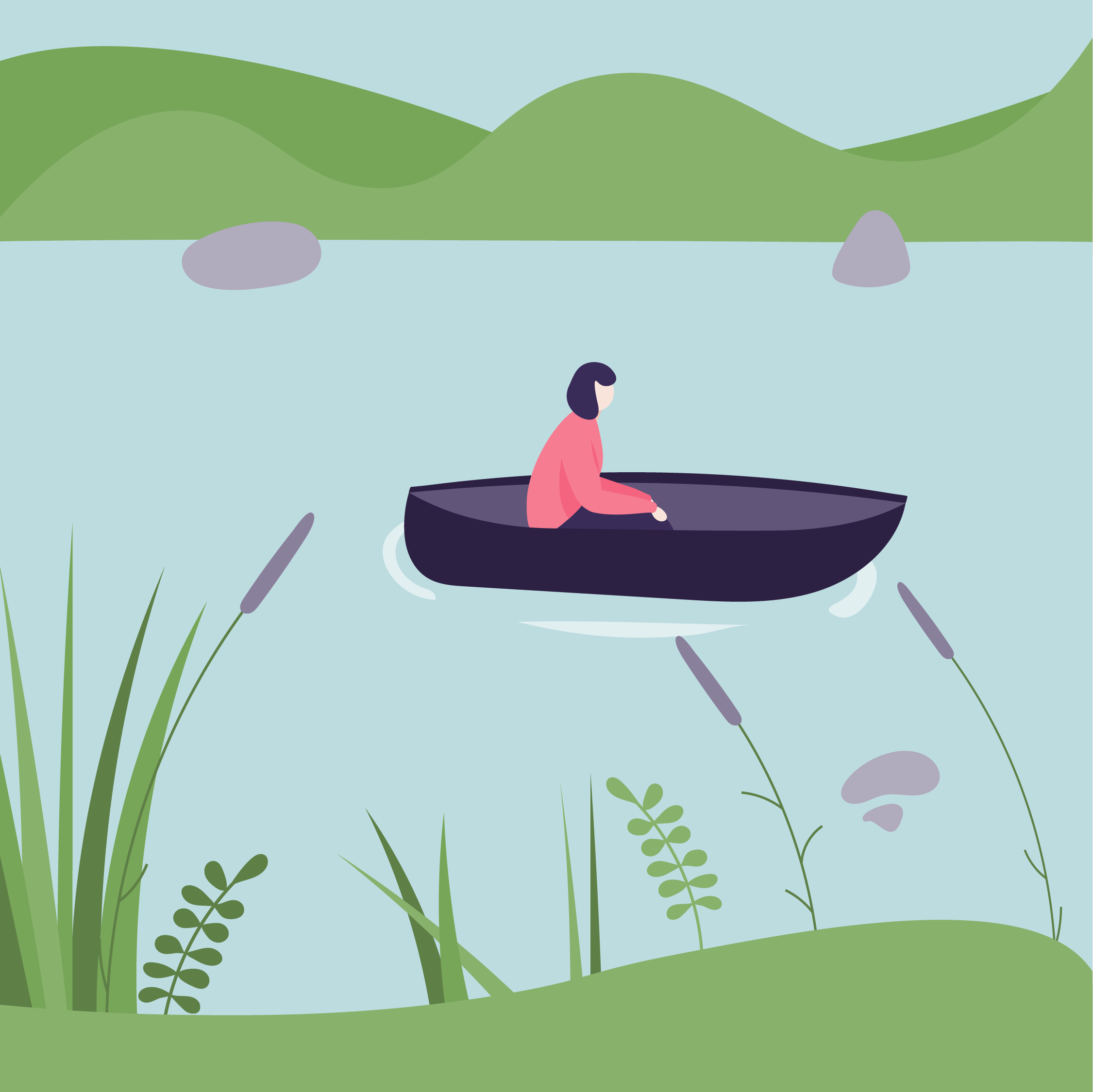 An illustrated scene of a person sitting in a small boat on a lake, surrounded by green hills, trees, and plants.