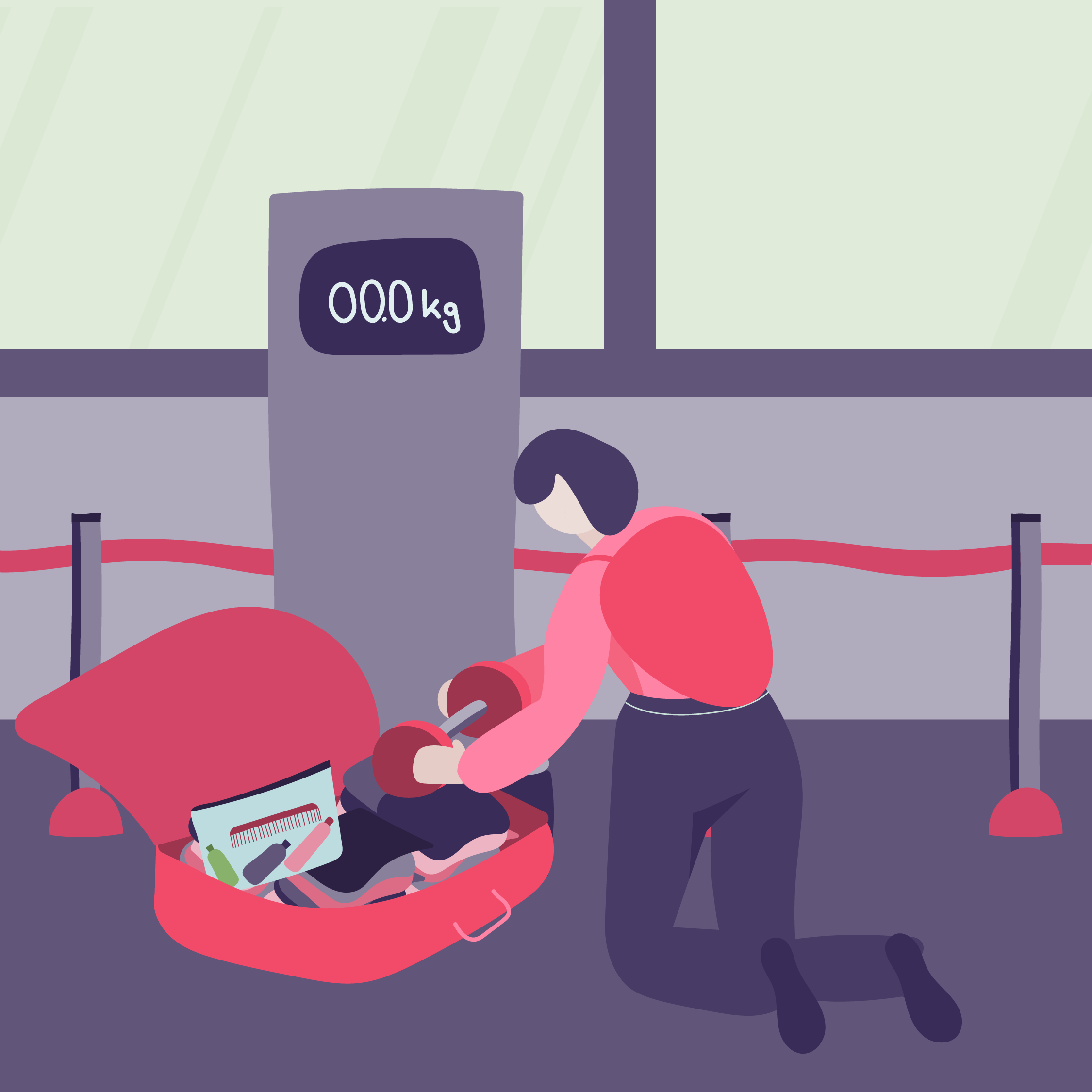 Illustration of a person in a red hoodie holding a pharmacy clipboard with medicine bottles, standing near a woman shopping for medication in a pharmacy, with a weighing scale and pharmacy shelves in the background.