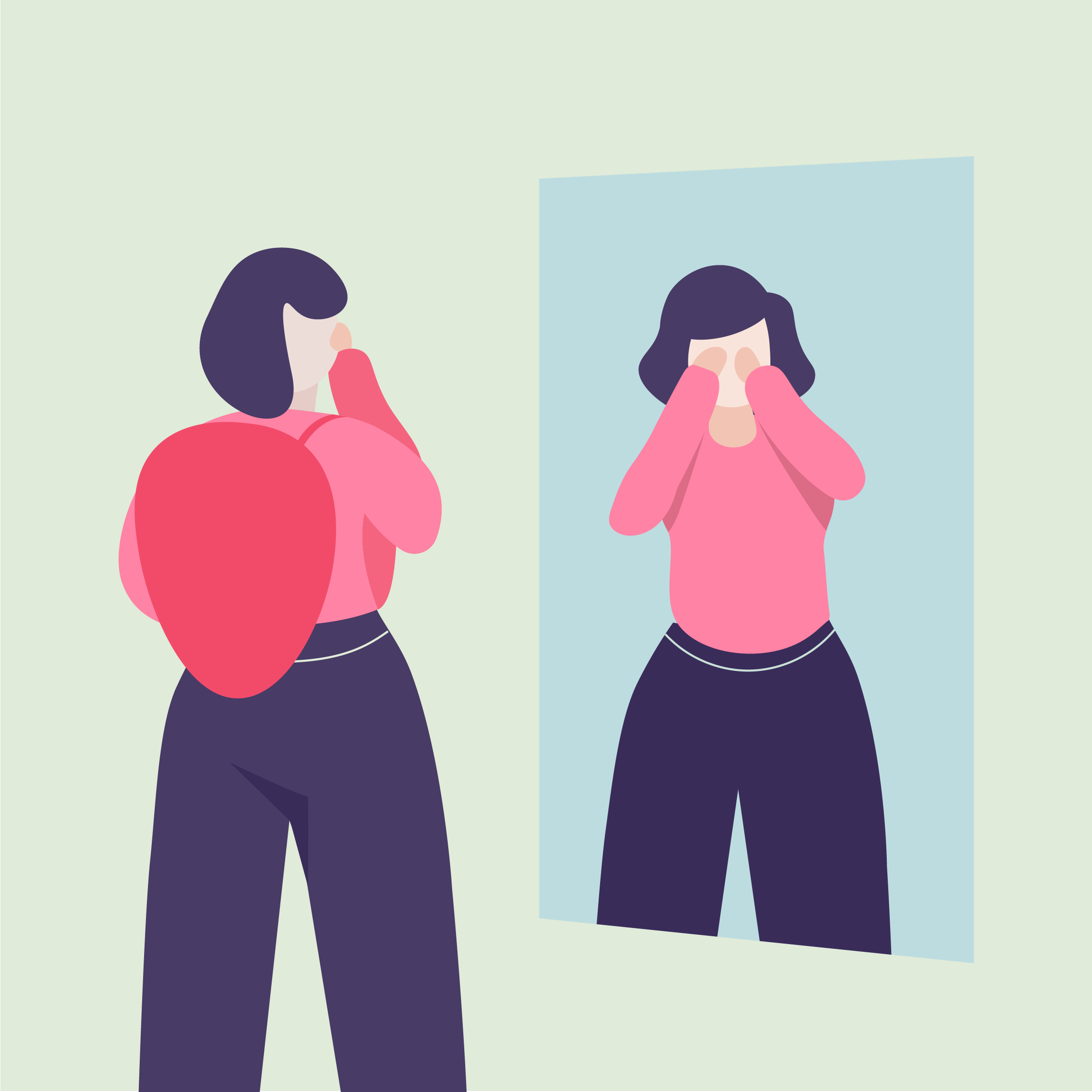 Digital illustration of a woman looking into a mirror, with a reflection of her face covering her eyes, in a flat art style with pink and navy blue colors.