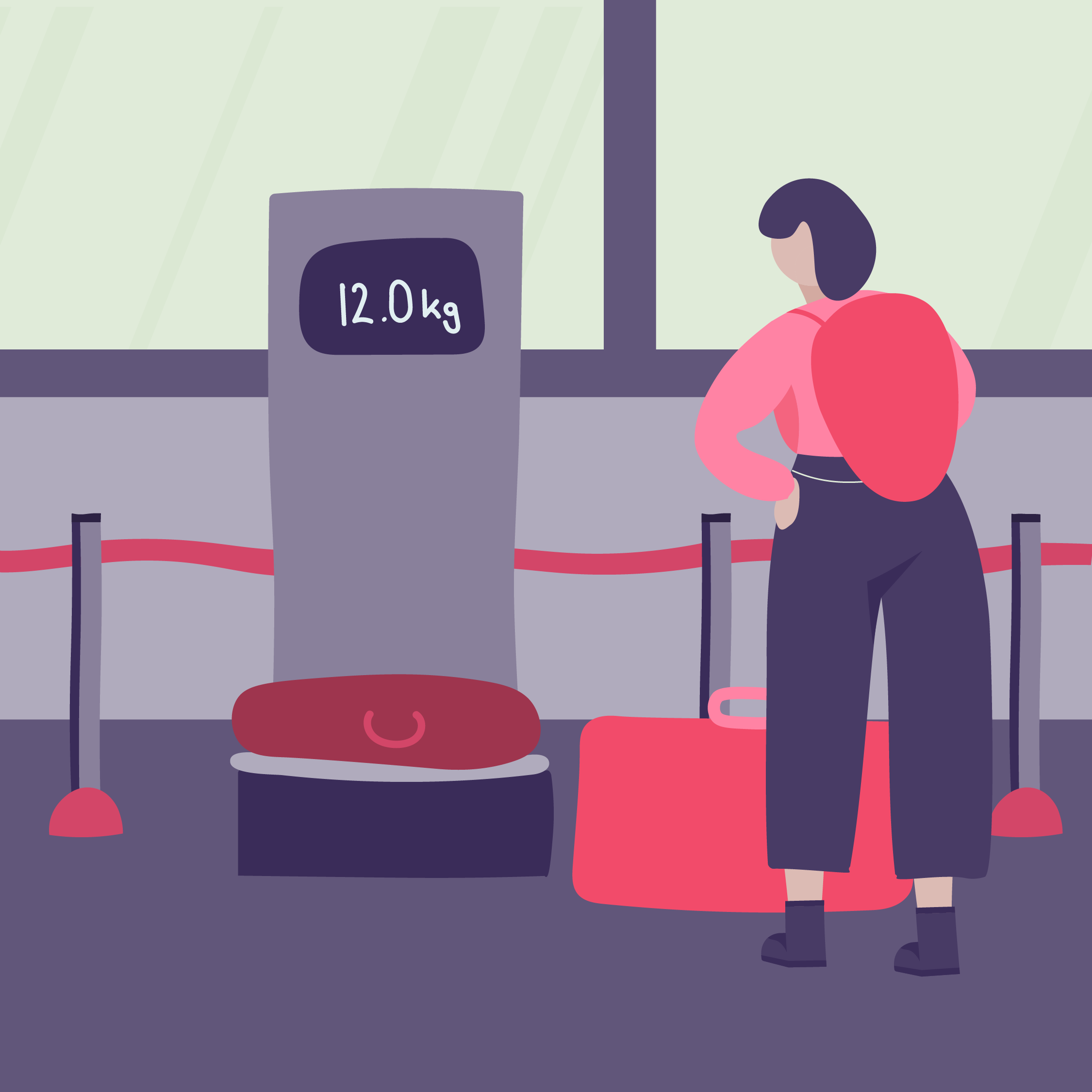 Woman standing in a line at an airport security checkpoint, with a digital scale displaying 12.0 kg.