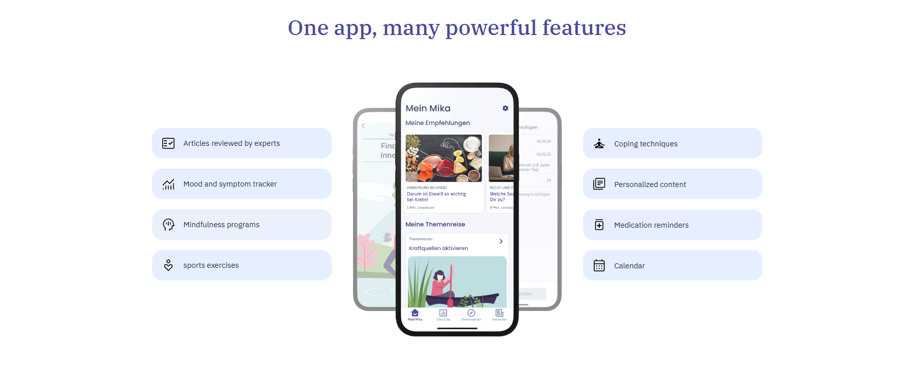 Screenshot of an app promotion showing features like article review, mood tracker, mindfulness, sports exercises, coping techniques, personalized content, medication reminders, and calendar, with a smartphone displaying the app interface in the cente