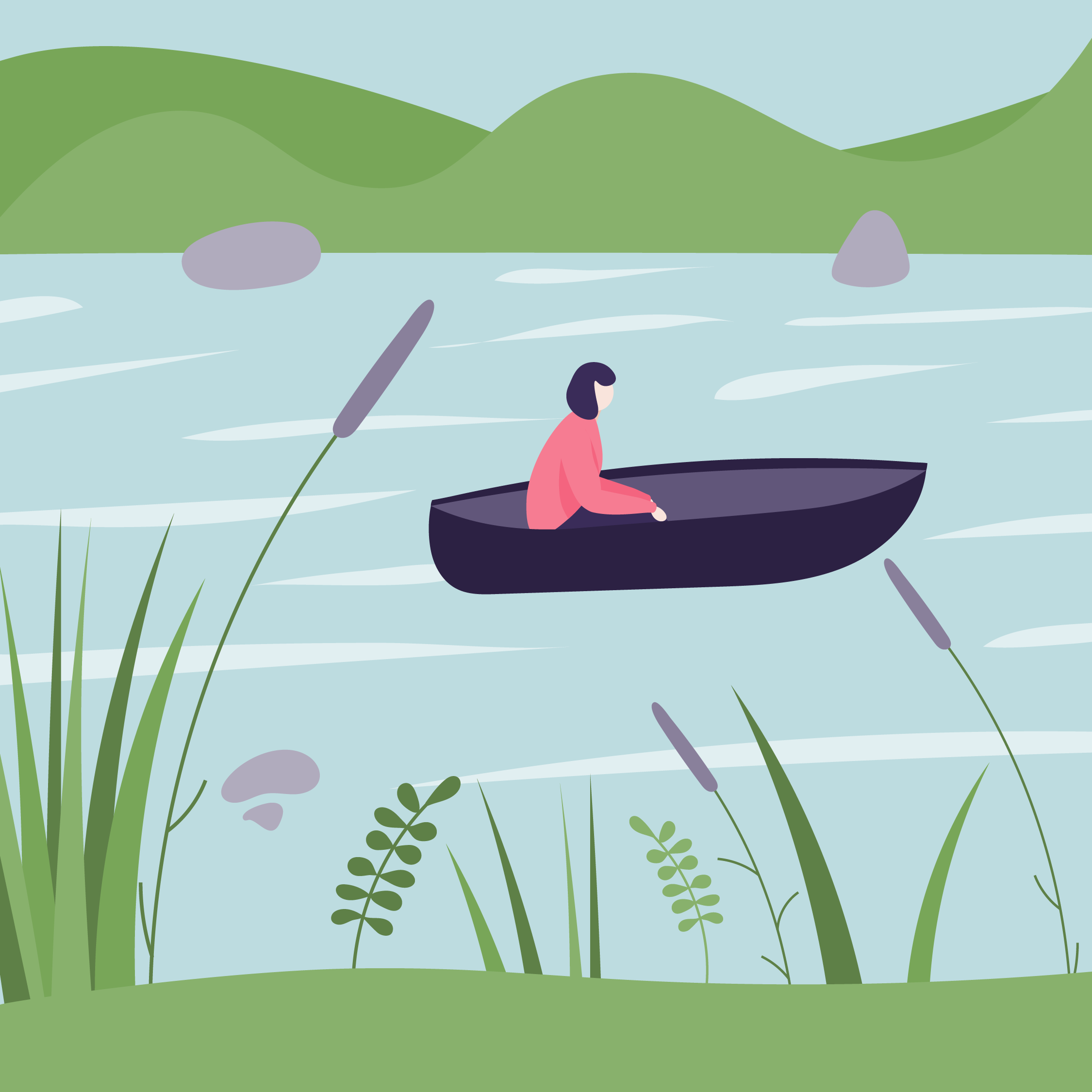 Illustration of a person in a small boat on a lake with green hills and mountains in the background, and plants in the foreground.
