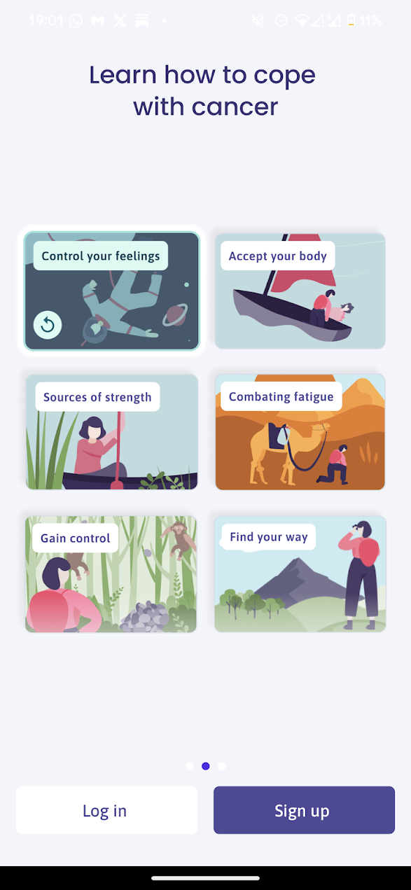 Mobile app screen with six illustrated tiles related to coping with cancer, including themes like controlling feelings, accepting your body, sources of strength, combating fatigue, gaining control, and finding your way. Buttons at the bottom for log 