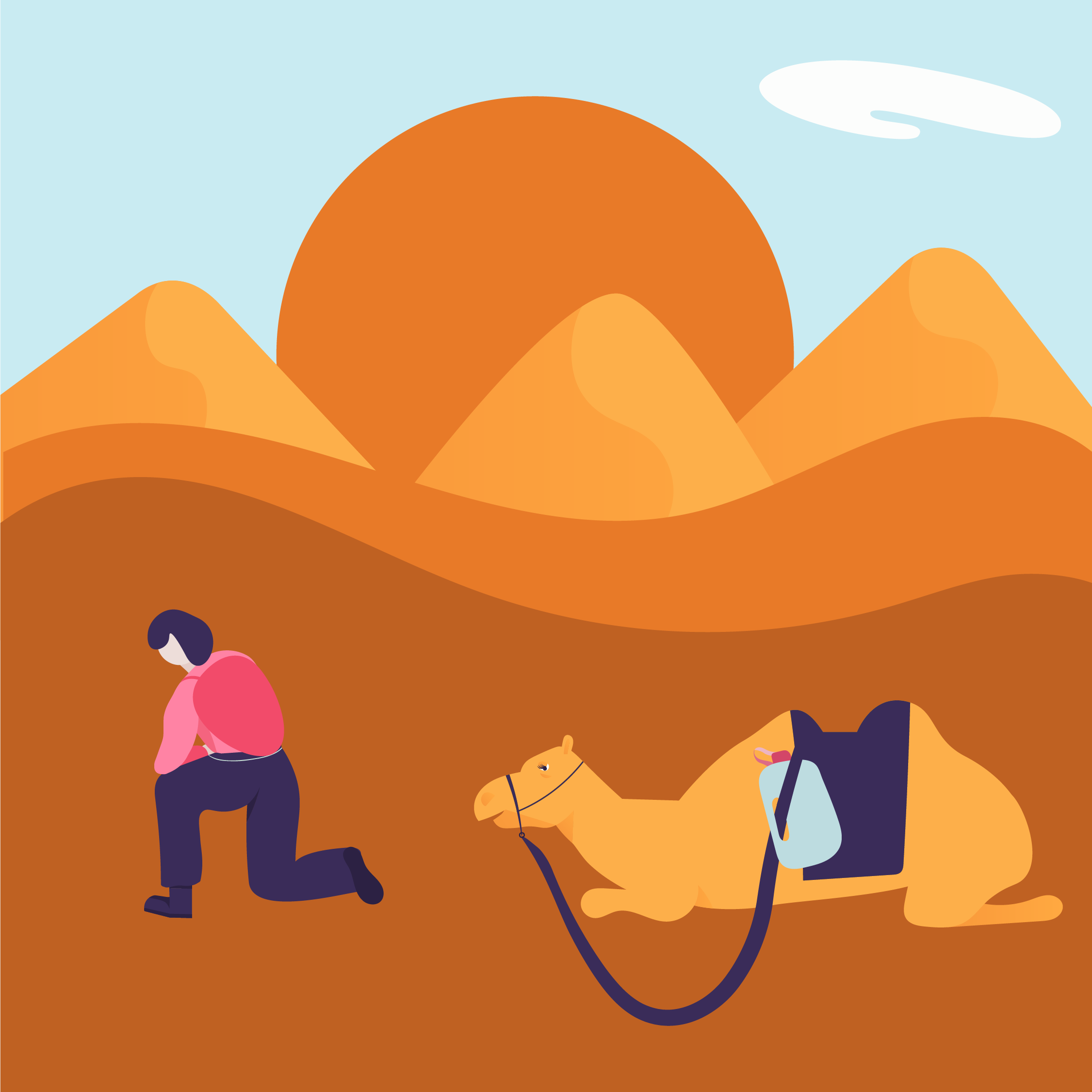A digital illustration of a young woman kneeling beside a yellow horse, holding its reins, with a large orange mountain and a blue sky with a white cloud in the background.