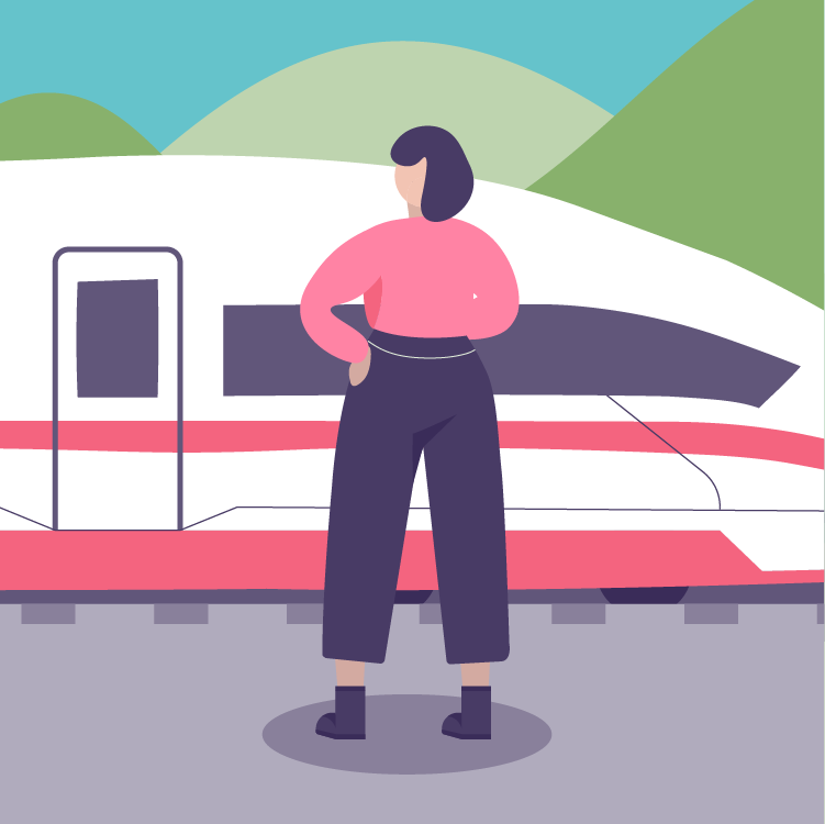 A woman standing on a platform with a train behind her, surrounded by green hills and a blue sky.