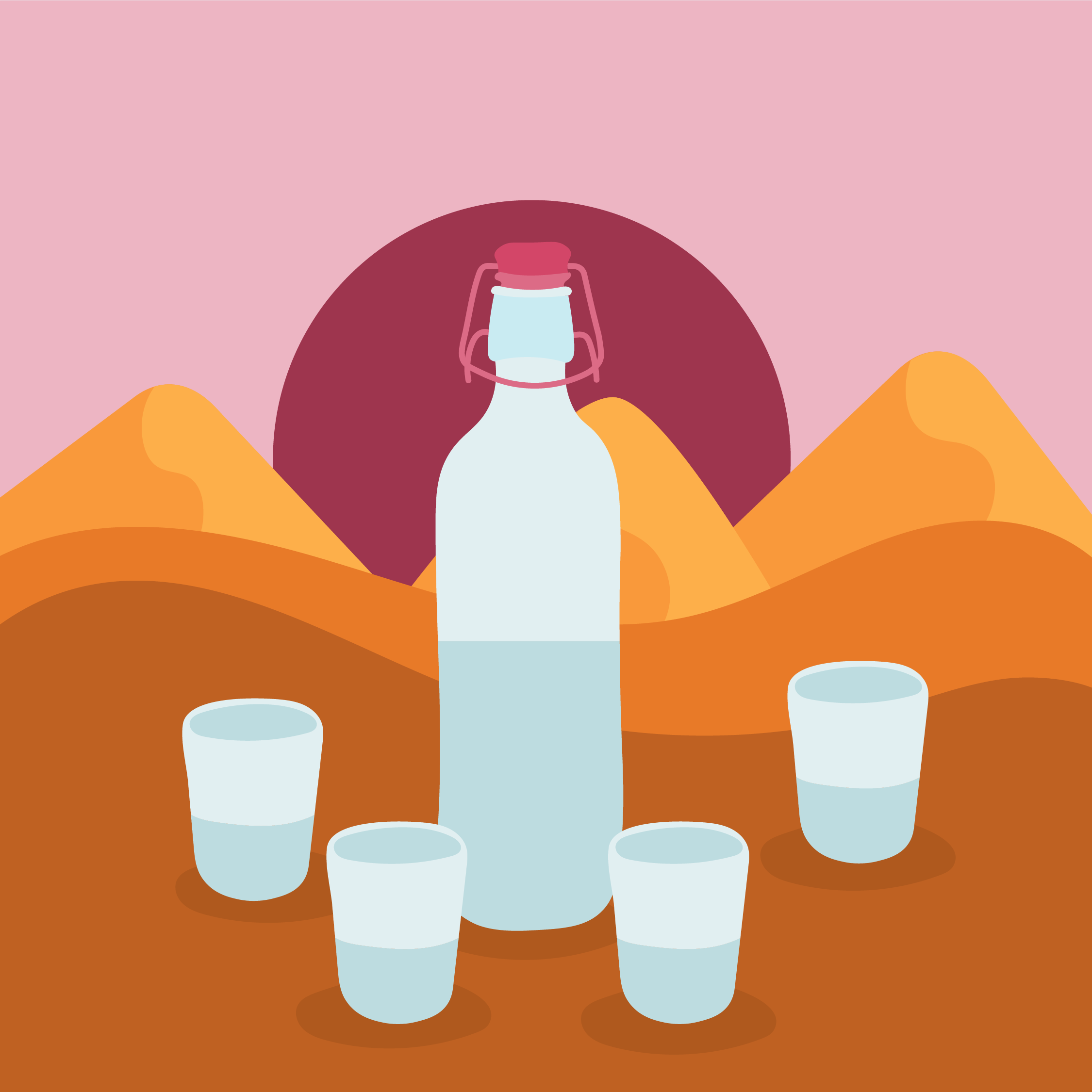 Stylized illustration of six empty transparent glasses on a table with orange mountains and a pink sky in the background.