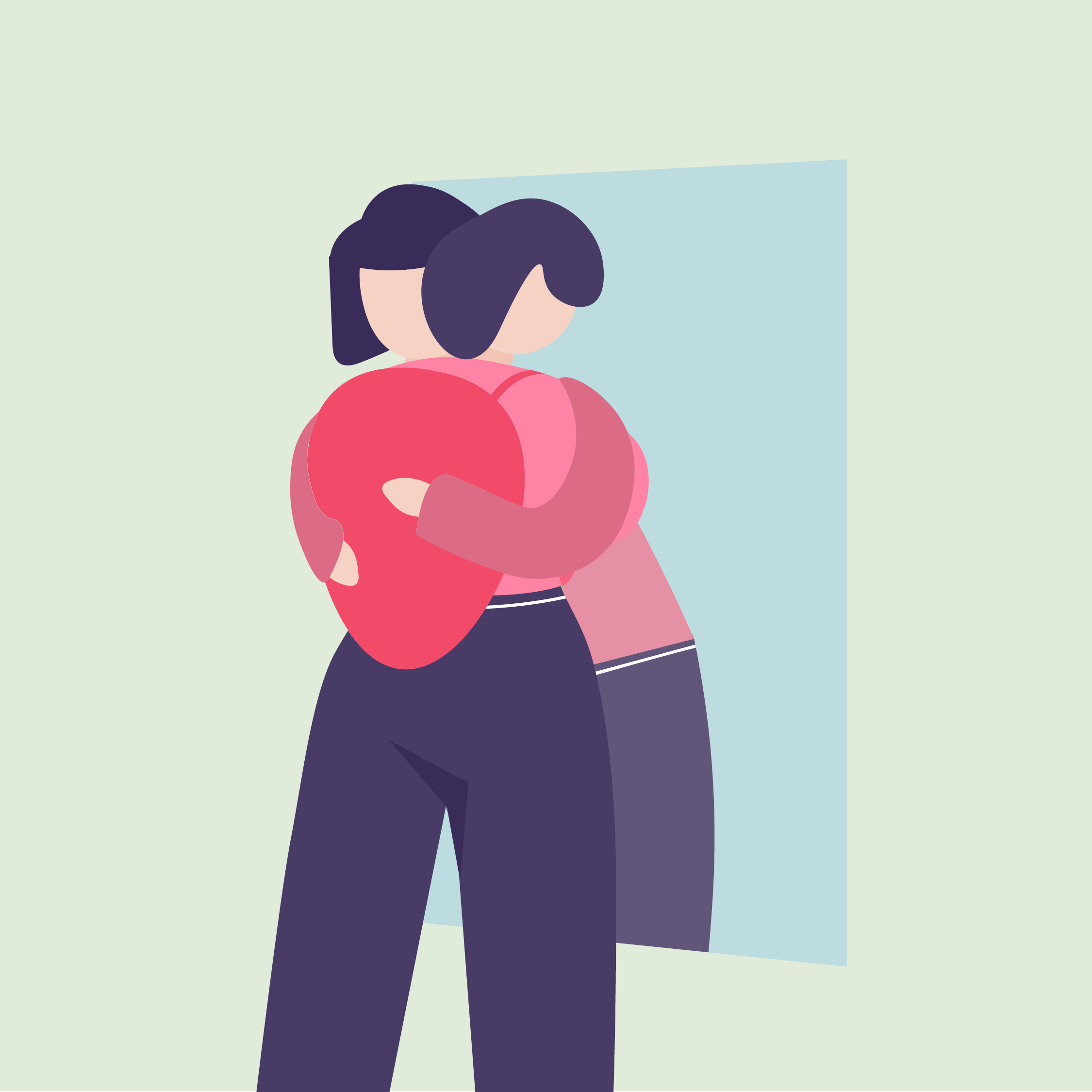 Two people viewed from behind, wearing pink and red clothing, looking at a blue rectangular object against a light green background.