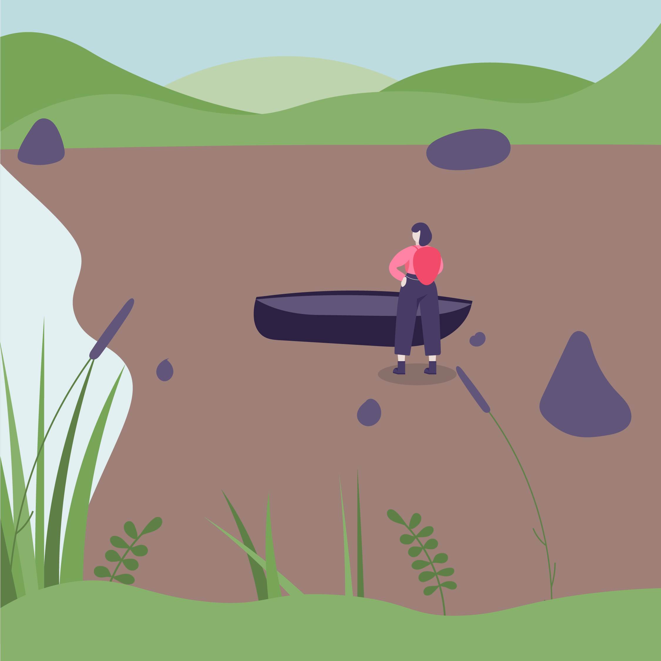 Illustration of a landscape with rolling green hills, purple rocks, and a person standing on a grassy patch.