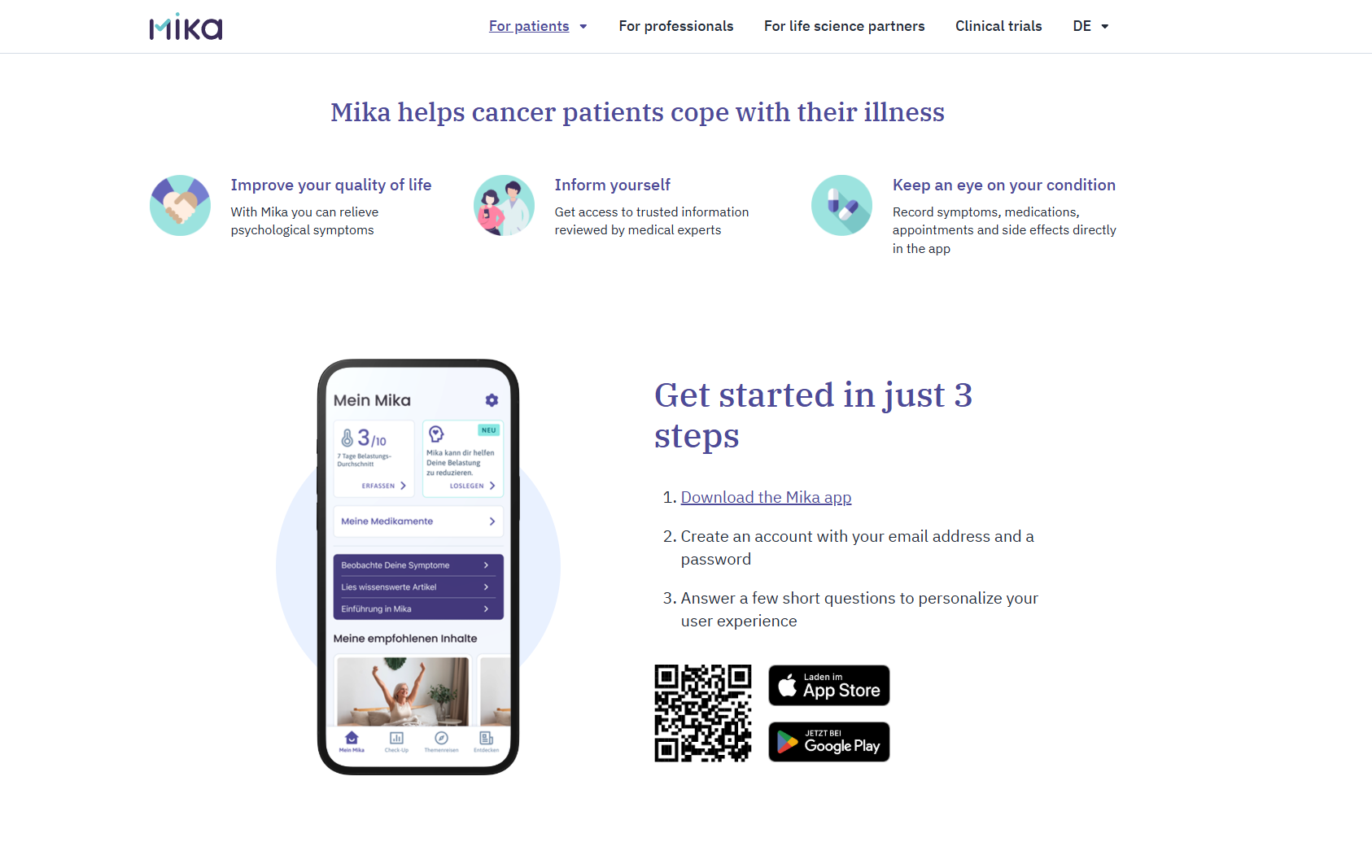 Screenshot of a website promoting Mika, an app that helps cancer patients manage their health. The page shows a smartphone mockup displaying the app interface, with information about three steps to get started: download the app, create an account, an