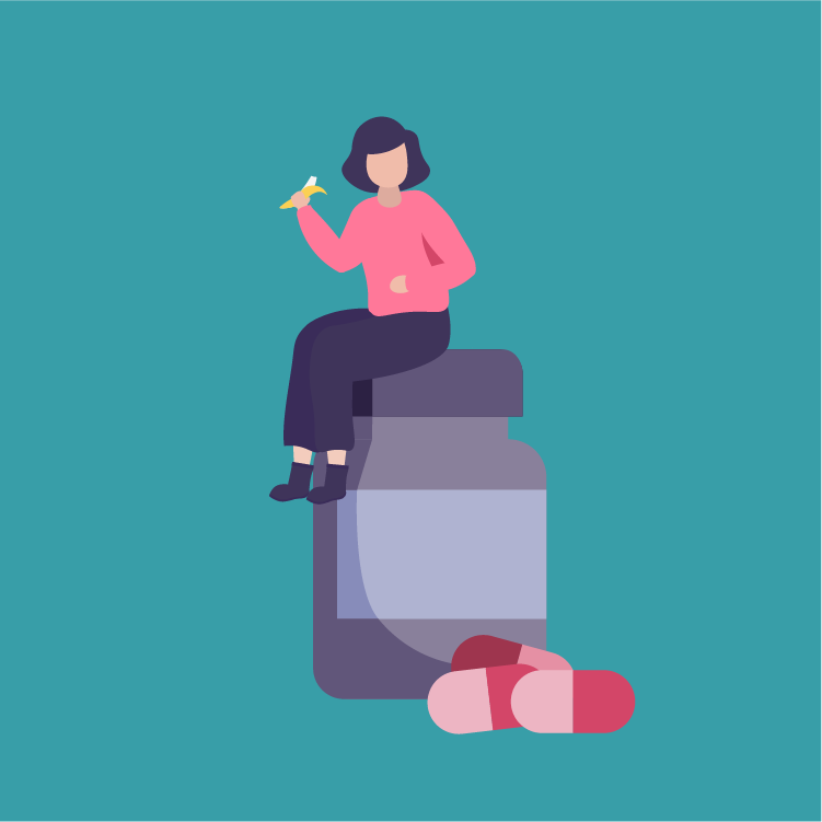 Illustration of a woman sitting on a large medicine bottle, holding a pill in her hand, with more pills in front of the bottle, against a teal background.
