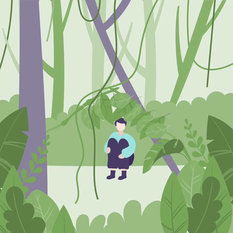 A person sitting on the ground in a forest, surrounded by large green leaves and tall trees.