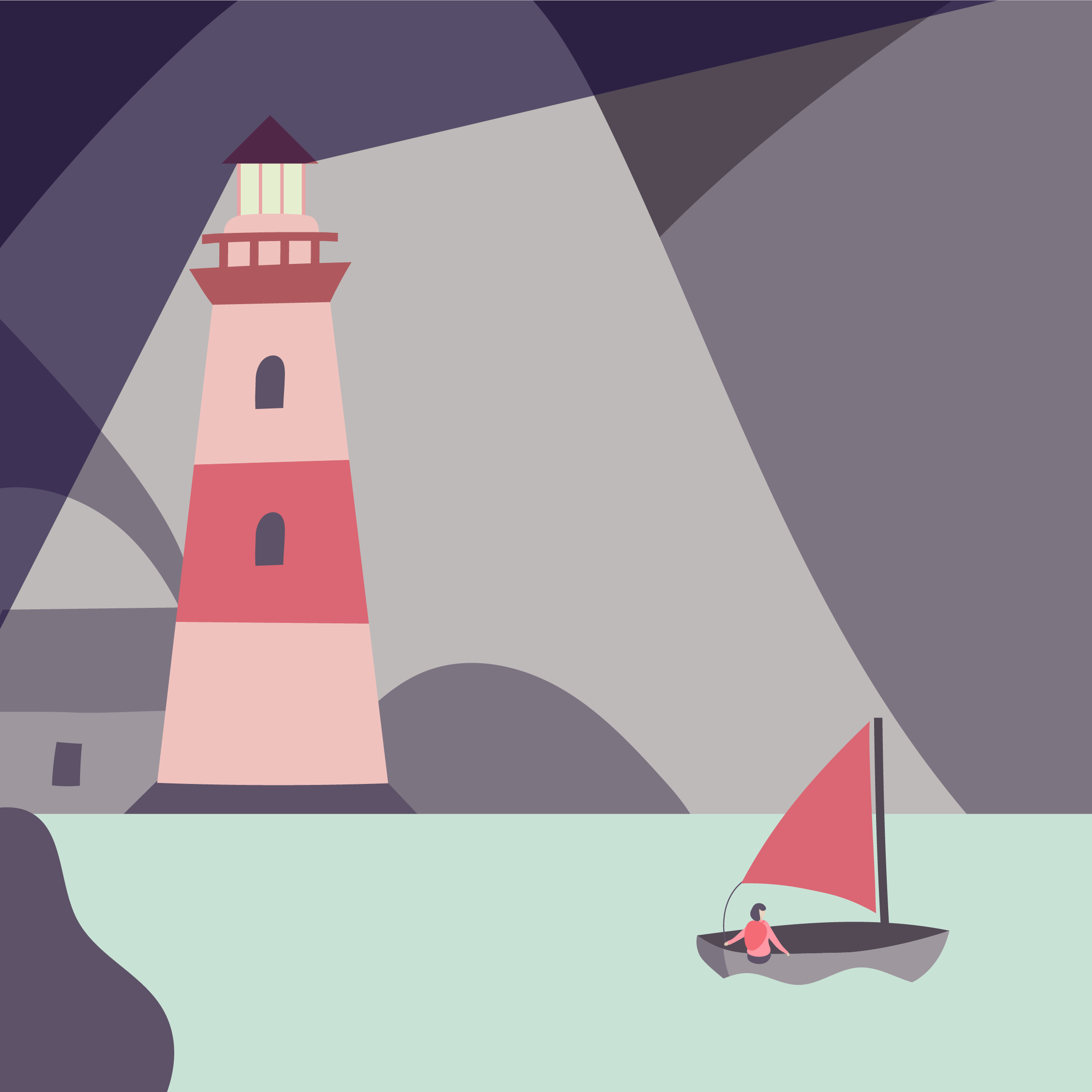 An illustration of a woman sitting on a boat with a red umbrella, in a minimalist style landscape with abstract shapes and muted pastel colors.