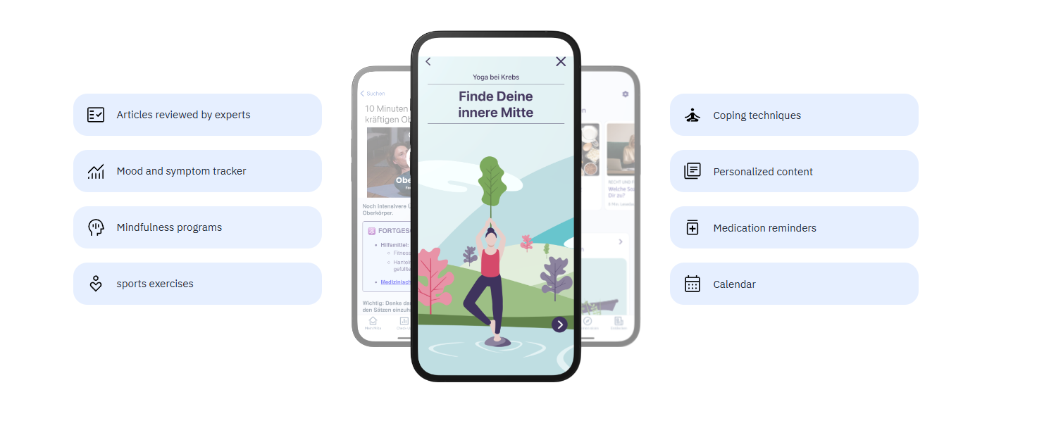 Three smartphone screens displaying health and wellness app features such as articles, mood tracker, mindfulness programs, sports exercises, coping techniques, personalized content, medication reminders, and calendar, with an animated illustration of