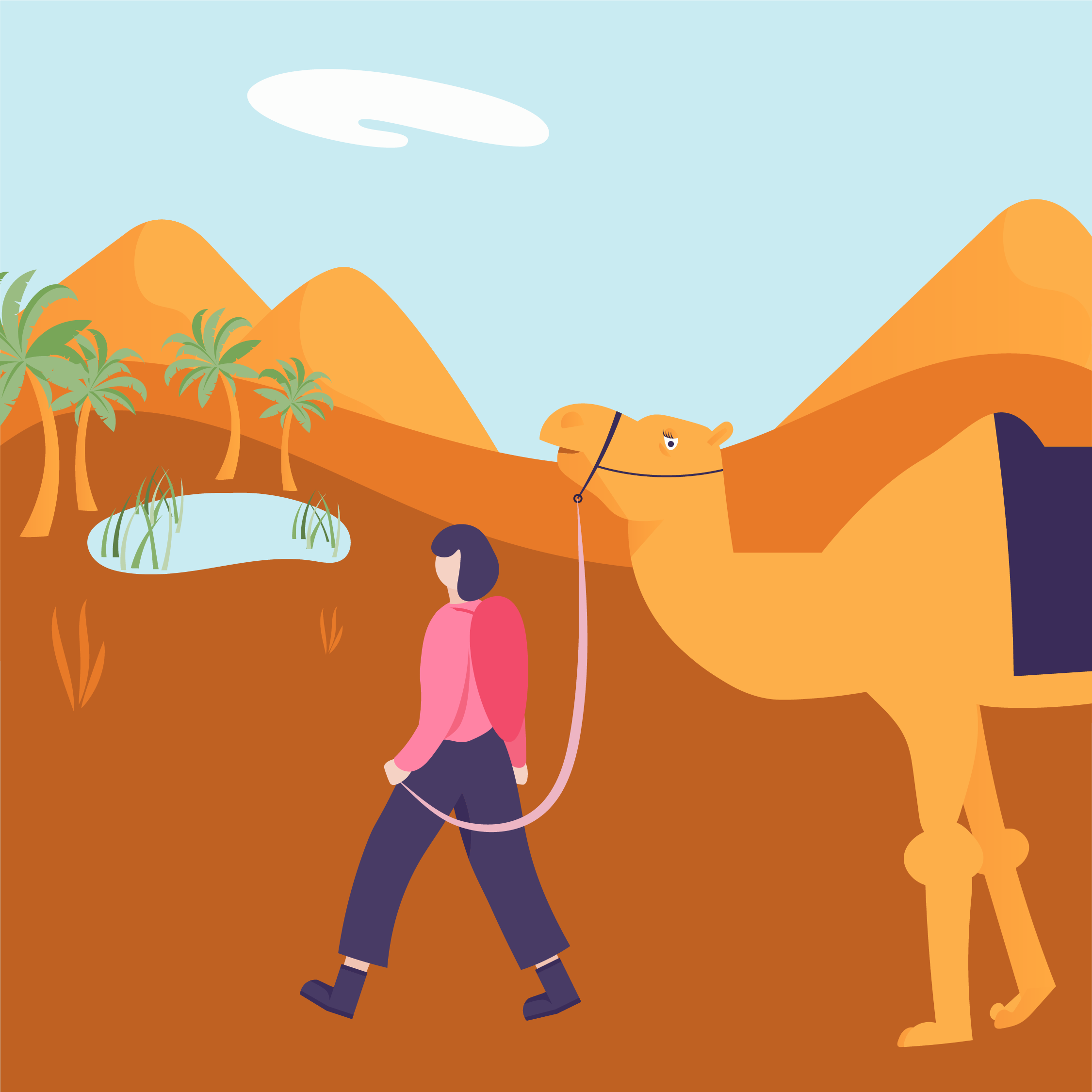 A cartoon desert scene with orange mountains, green palm trees, a small pond, and a camel with long eyelashes being led by a woman in a pink shirt and dark pants.