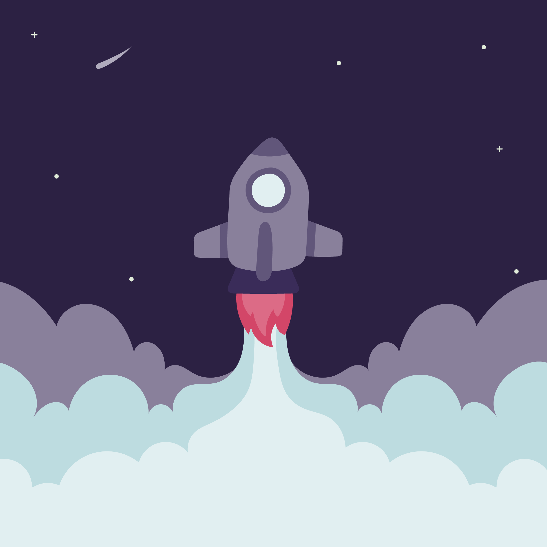 A stylized illustration of a spaceship launching into space, with colorful flames and smoke, against a starry night sky background.