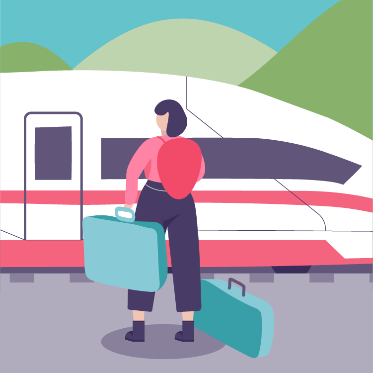 A woman with a pink backpack and dark pants waits at a train station with two suitcases, one blue and one teal, in front of a modern train with mountains in the background.