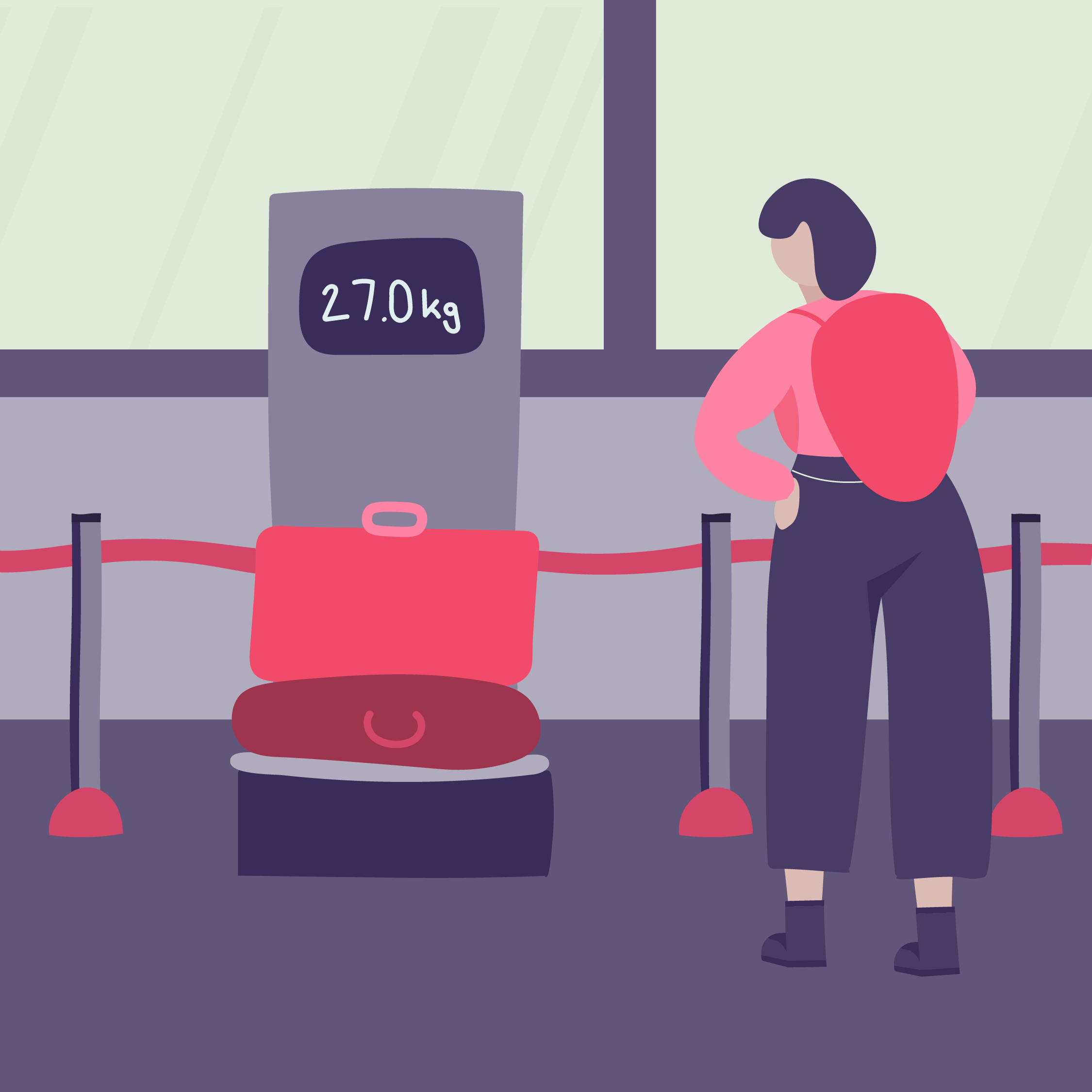 A person at an airport ticket counter with a suitcase and a scale displaying a weight of 27.0 kg.