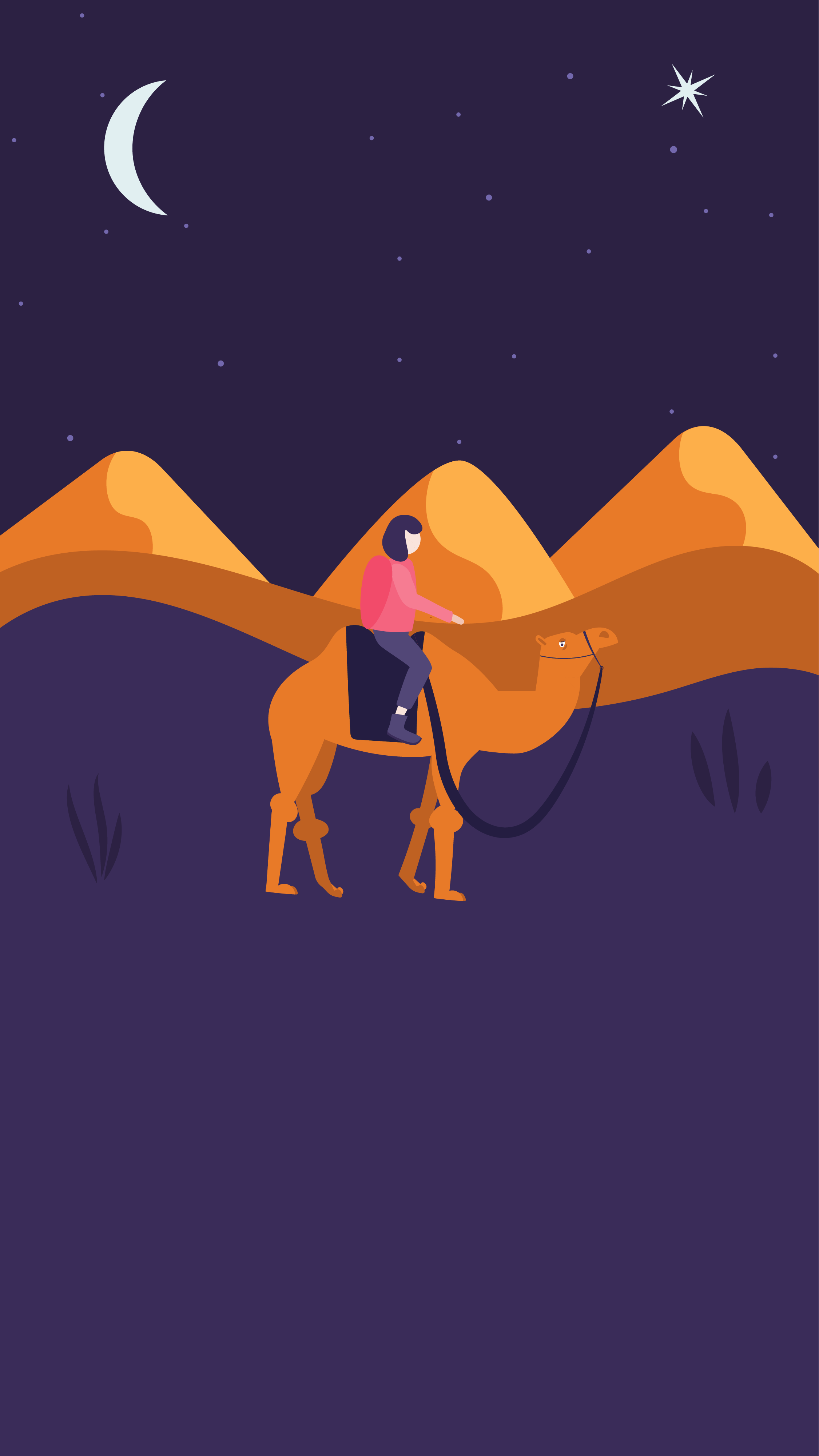 A person riding a camel in a desert at night, with mountains in the background, a crescent moon, and stars in the sky.