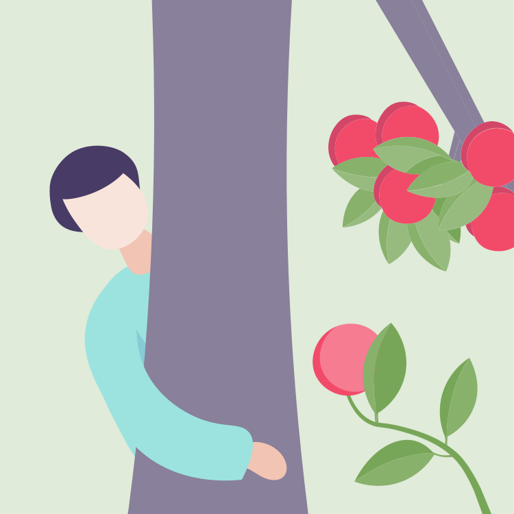 A person peeking from behind a tree with pink berries and green leaves.