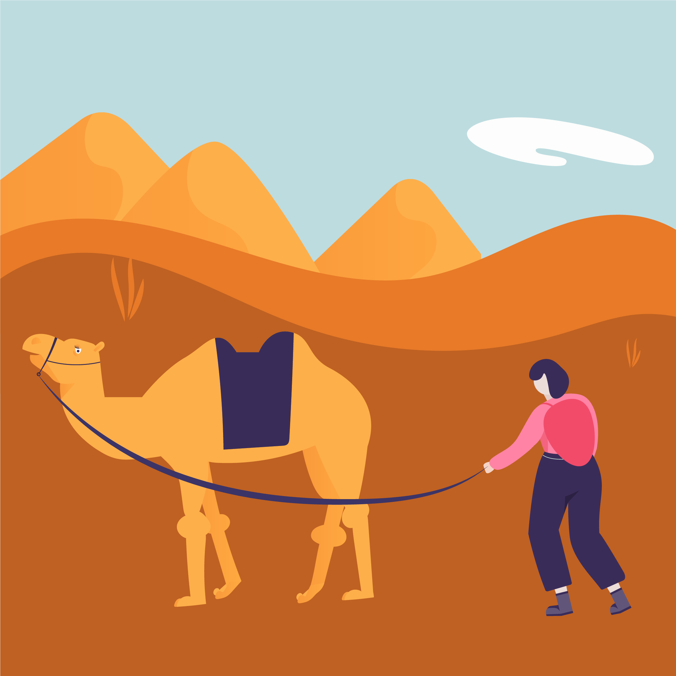 A woman walks a dark-colored dog on a leash through a desert landscape with orange mountains and a light blue sky with white clouds.