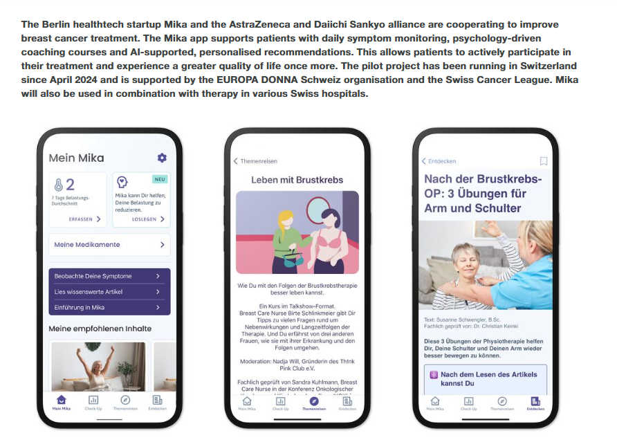 Three smartphone screens displaying health app content related to breast cancer treatment, therapy exercises, and patient support.