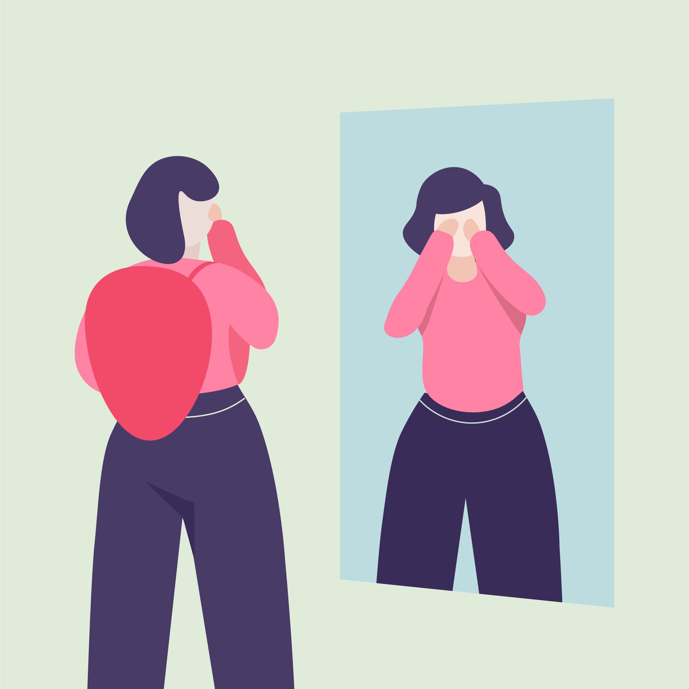 Digital illustration of a woman with short dark hair, wearing a pink long-sleeve shirt, touching her face with her hands. She appears to be in front of a mirror, with a similar woman in the reflection.