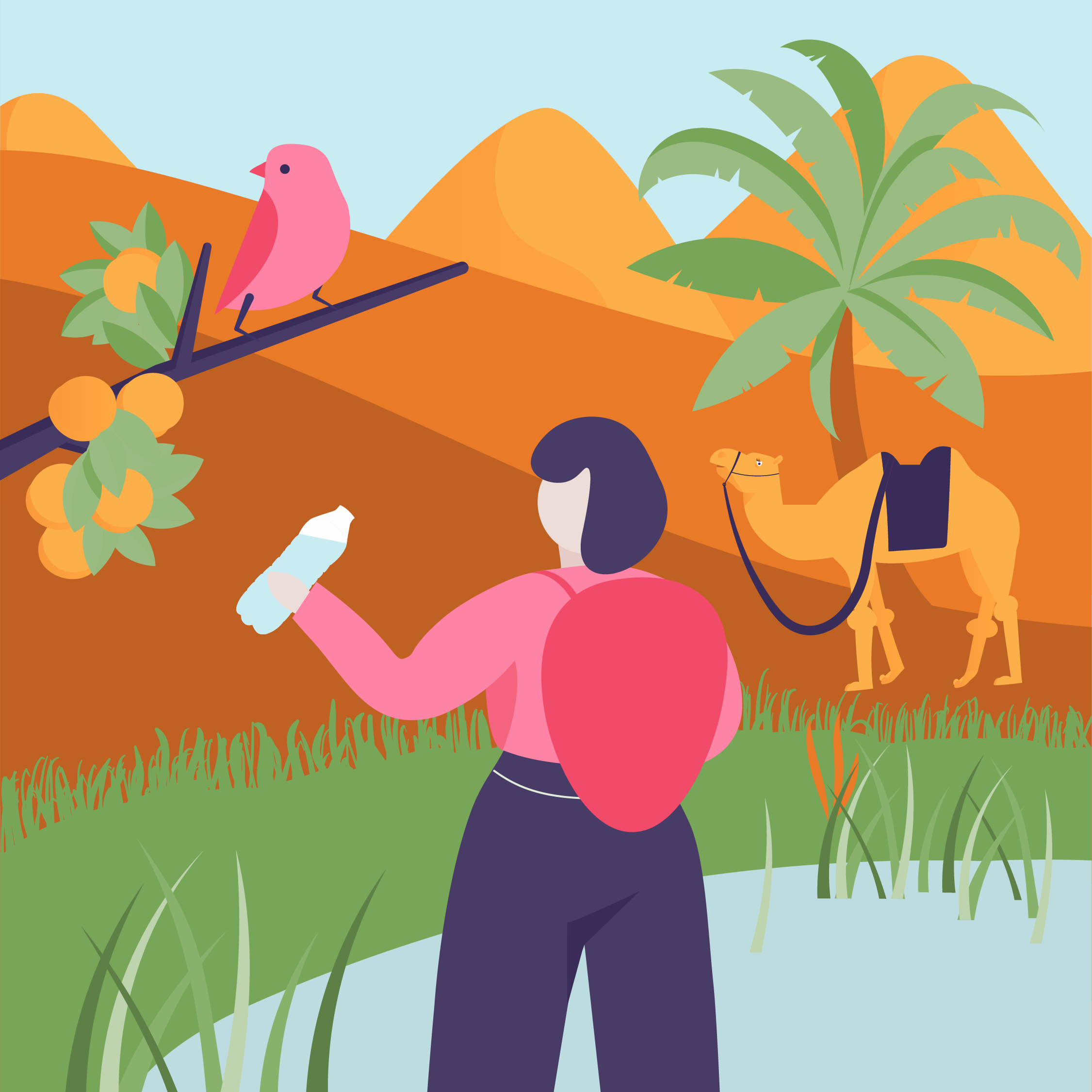 A person with pink hair, wearing a pink shirt, stands in a lush orchard during the day, surrounded by orange trees with ripe fruit, tall green grass, and a blue sky.
