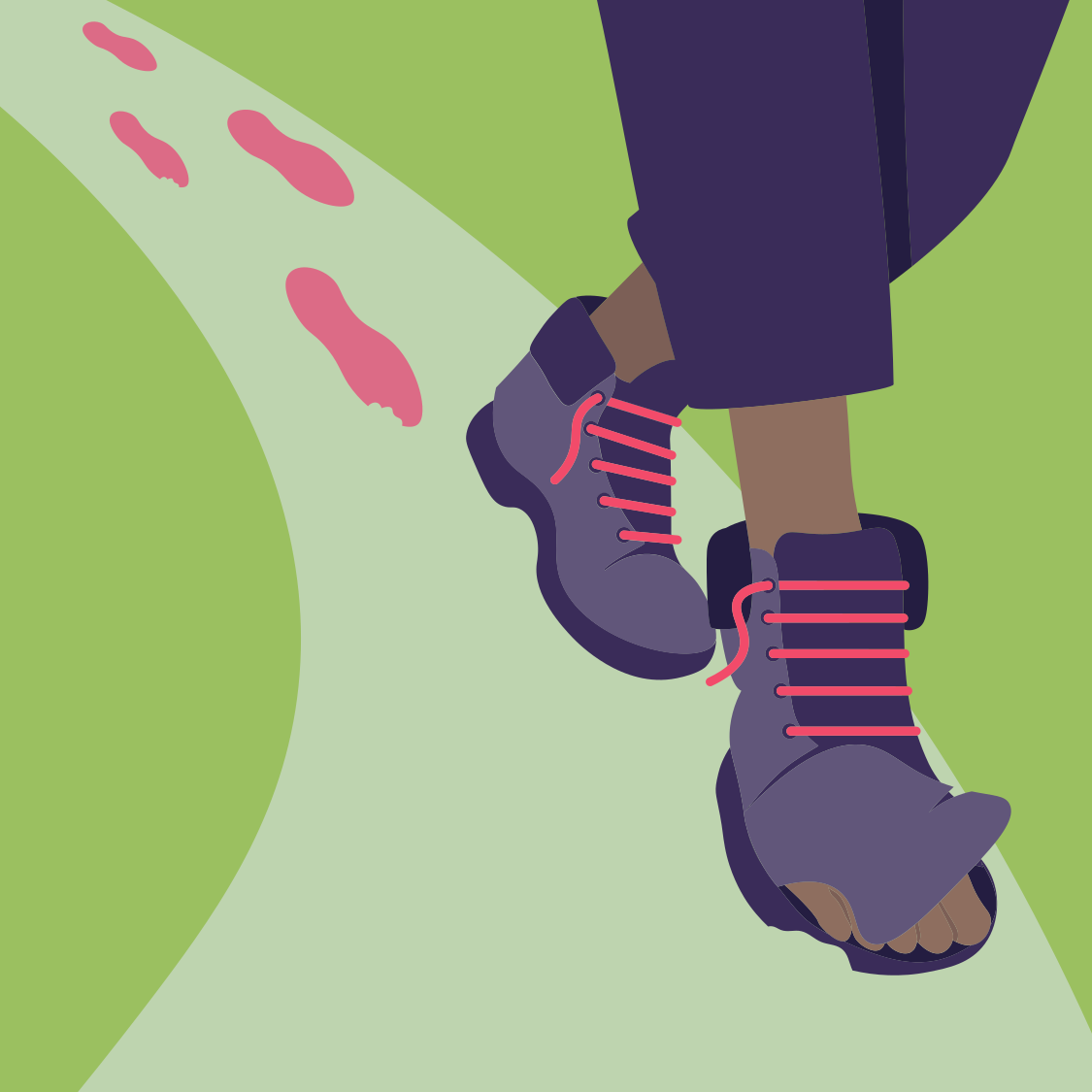 Illustration of a person walking outdoors, wearing hiking boots and dark pants, on a green and light green pathway with pink footprints.