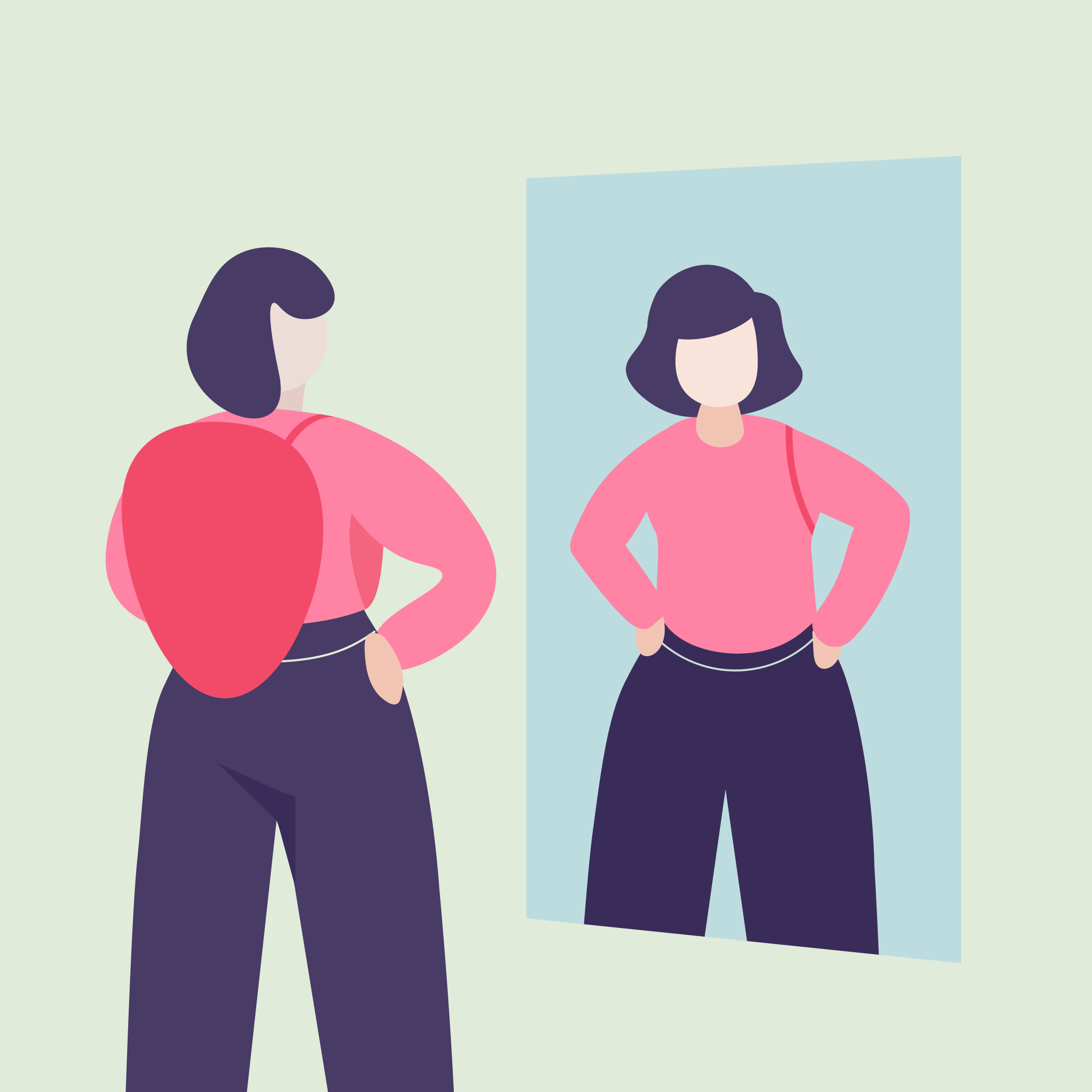 Two women with dark hair, wearing pink sweaters and dark pants, standing in front of mirrors and taking selfies in the style of digital illustration.
