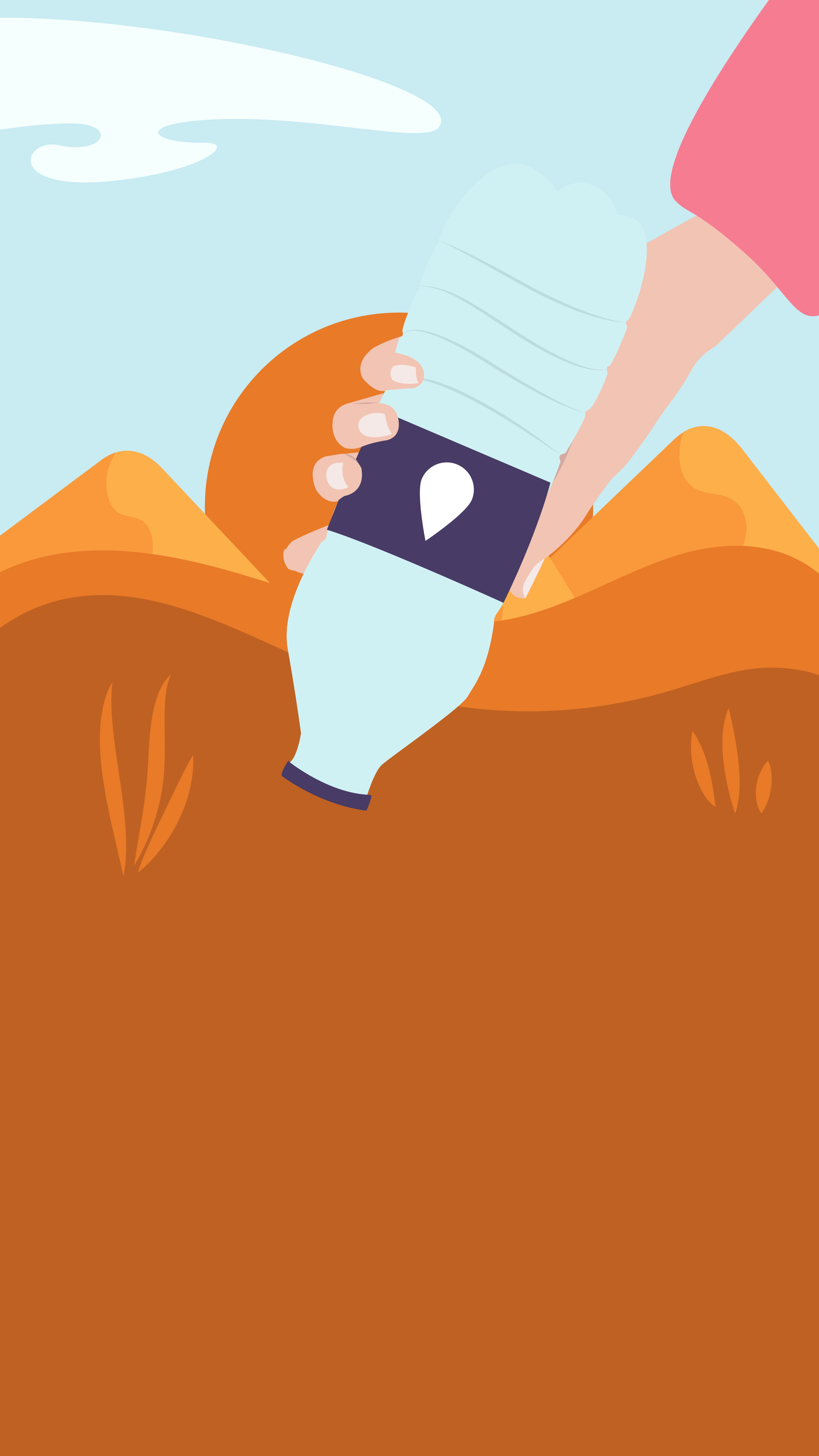 A digital illustration of a hand holding a water bottle against a scenic background of mountains and sky.
