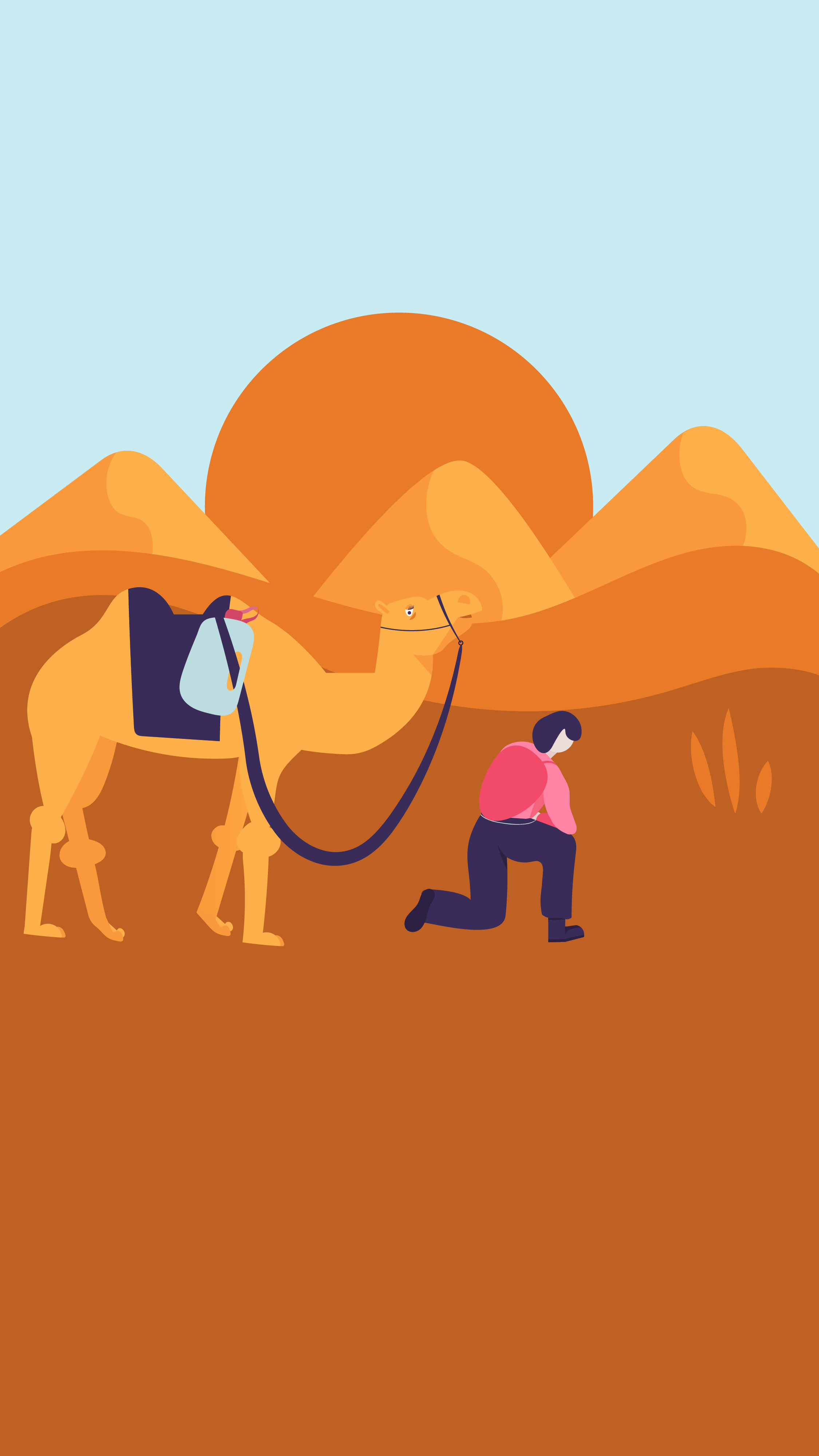 A person kneeling with their head bowed in front of a camel in a desert landscape with mountains and a setting sun.