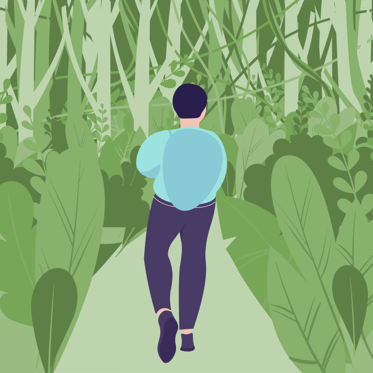 A person walking through a lush green jungle or forest, viewed from behind.