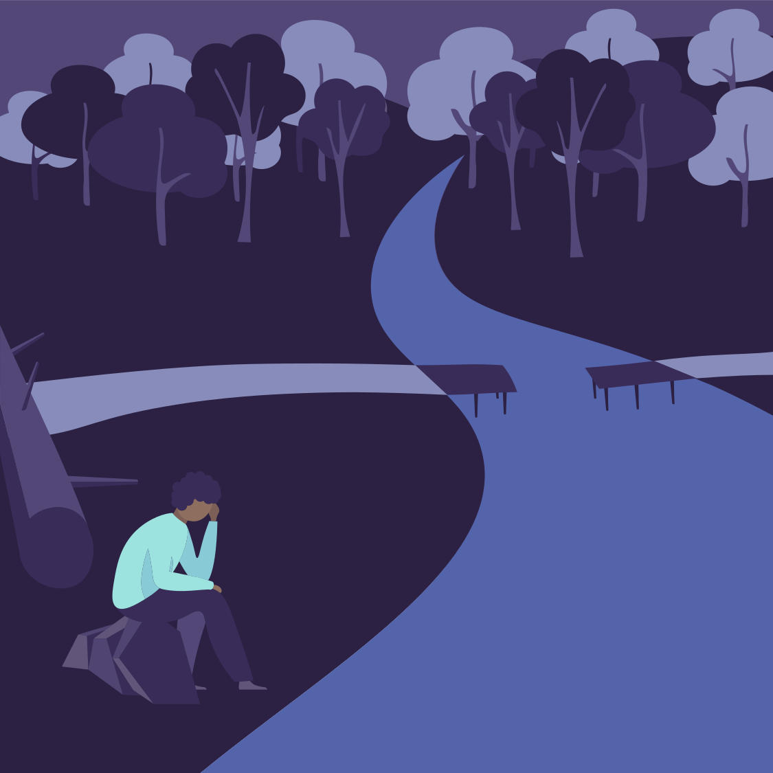 A person sitting on a bench by a winding river in a forest, appearing to be in deep thought or sadness, with trees in the background.