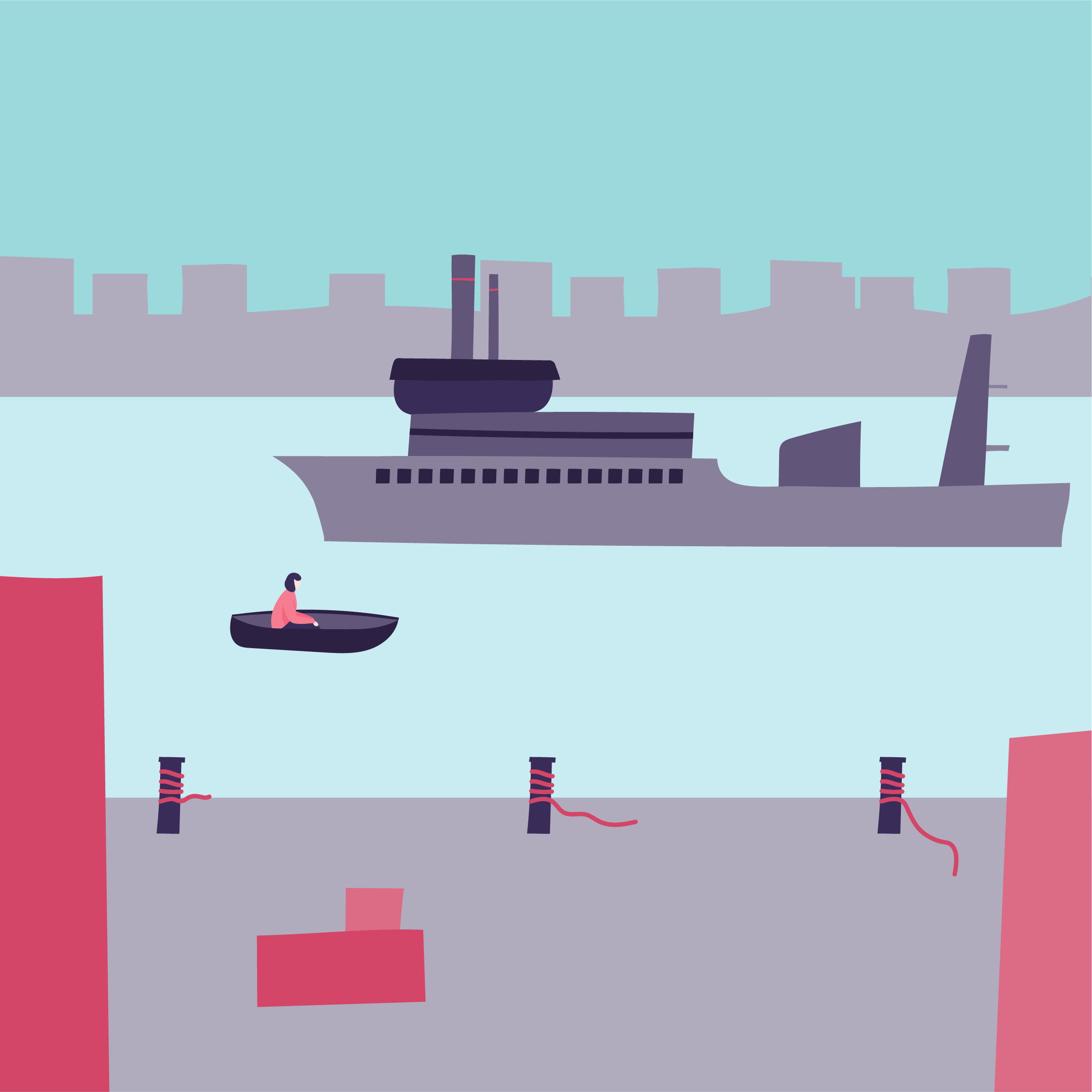 A digital illustration of an offshore oil platform with a large ship in front of it, and a person in a small boat in the foreground on a body of water under a clear sky.