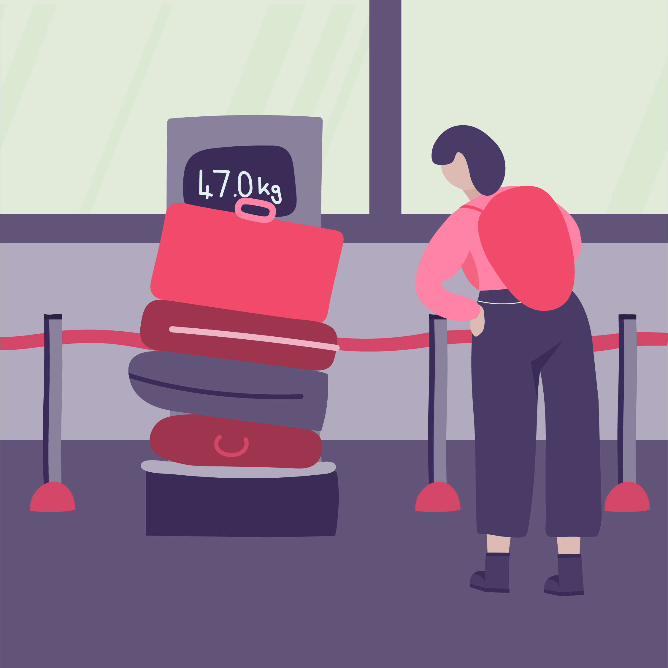 A woman with a pink sweater and dark hair kneeling next to a bunk bed in a dormitory room, looking at a digital scale displaying 47.0 kg.