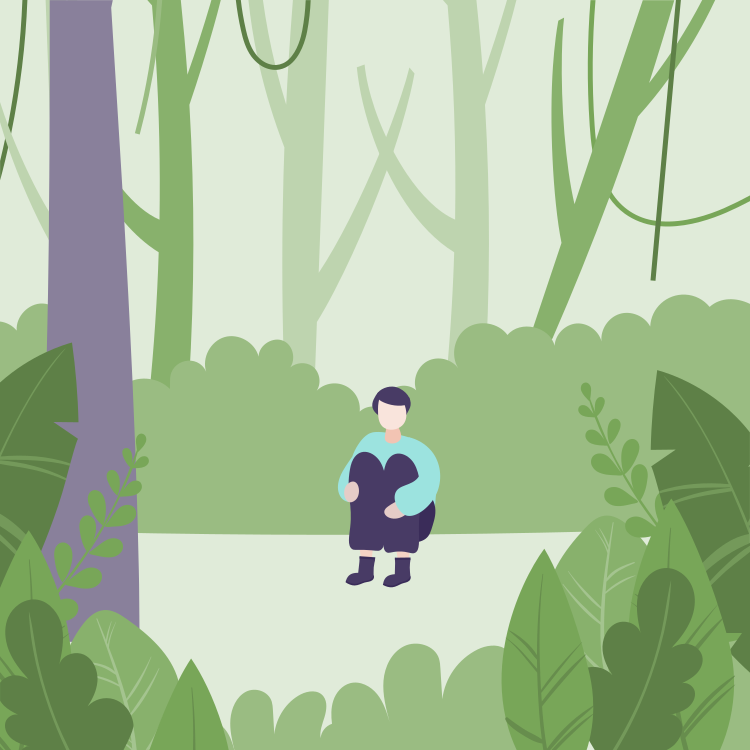 Illustration of a person sitting on a forest trail surrounded by green trees and large leafy plants.