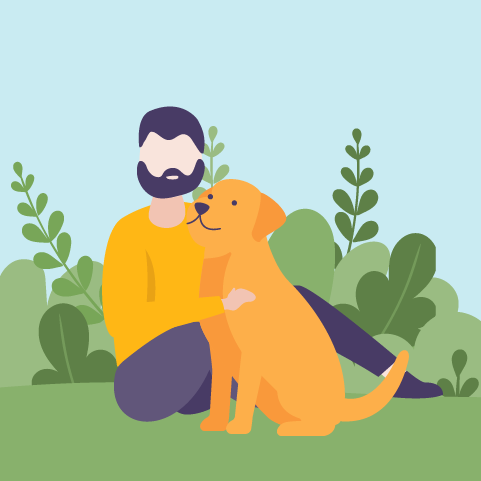 A cartoon illustration of a man with a beard sitting outside on grass, hugging a yellow dog with a purple tail, surrounded by green plants and bushes, against a light blue sky.
