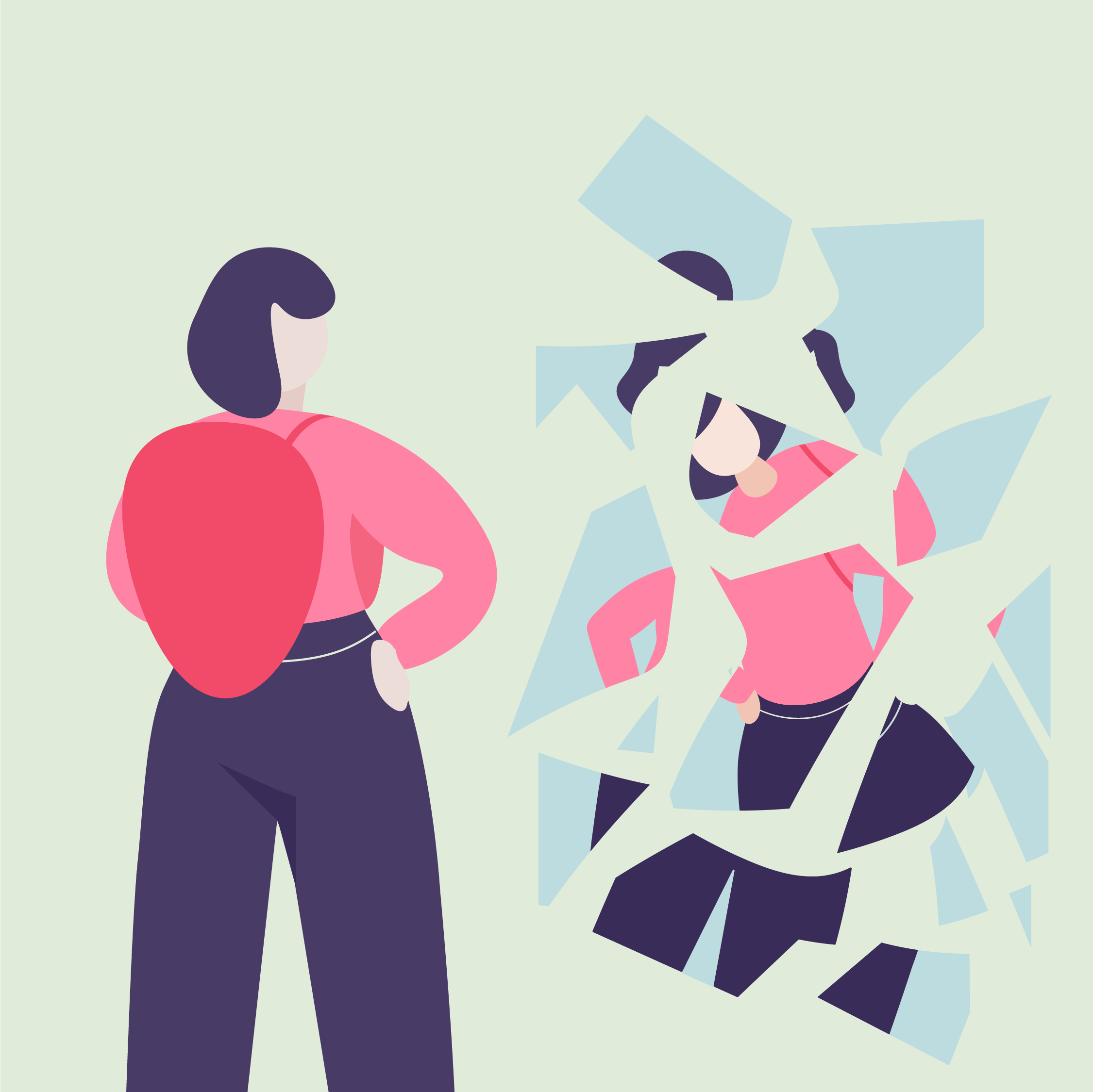 Illustration of two women talking, with one woman holding some papers and the other with a backpack, in front of a light green background.