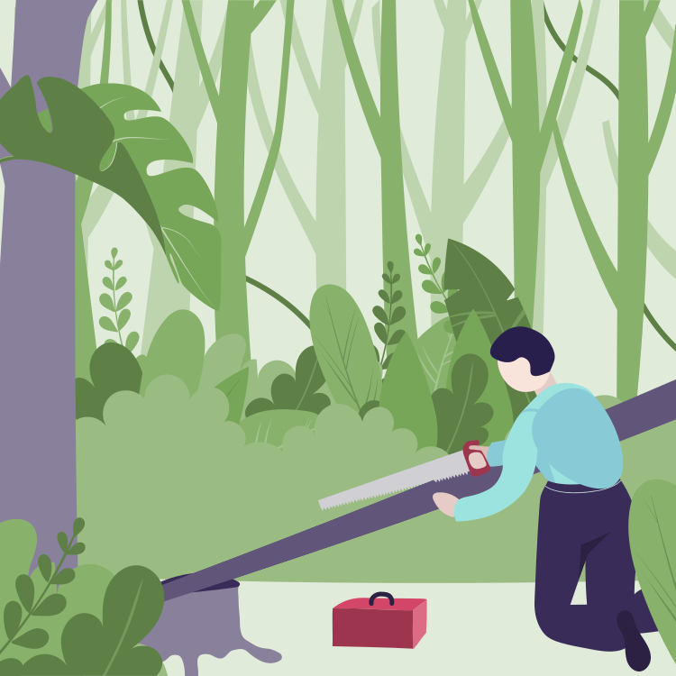 Person kneeling in a forested area with large green leaves, using a hand saw to cut a tree, with a red toolbox nearby.