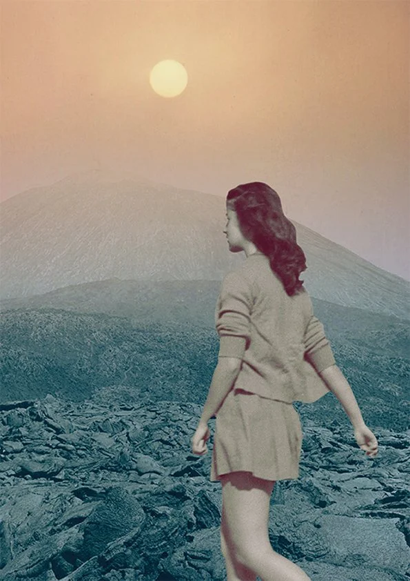 A vintage-style photo of a woman in a sweater and skirt standing on rocky terrain, with a mountainous landscape and a sun in the sky in the background.
