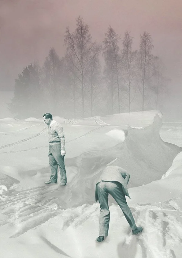 Two men in winter clothes stand and dig in a snowy landscape, with leafless trees in the background and snow-covered mounds around them.